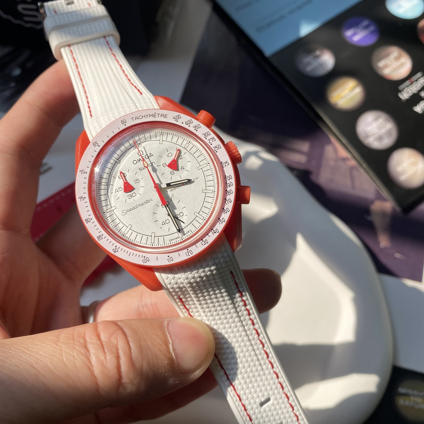 F‌or Swatch Omega Straps MoonSwatch Mission to Mars Rubber watch band White Base with Red Stitching