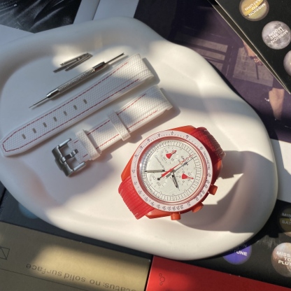 F‌or Swatch Omega Straps MoonSwatch Mission to Mars Rubber watch band White Base with Red Stitching