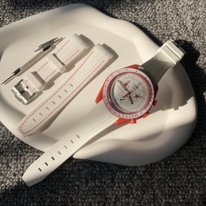 F‌or Swatch Omega Straps MoonSwatch Mission to Mars Rubber watch band White Base with Red Stitching