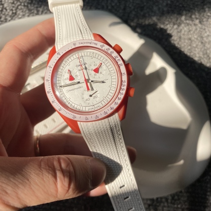 F‌or Swatch Omega Straps MoonSwatch Mission to Mars Rubber watch band White Base with Red Stitching