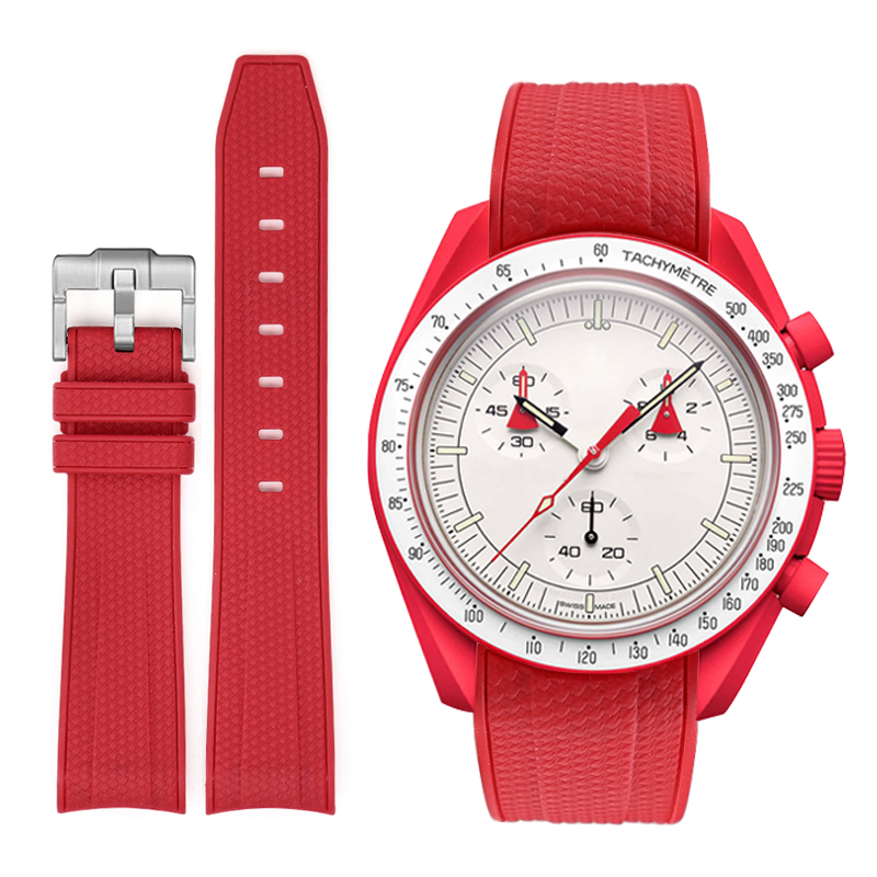 F‌or Swatch Omega Straps MoonSwatch Mission to Mars Rubber watch band White Base with Red Stitching