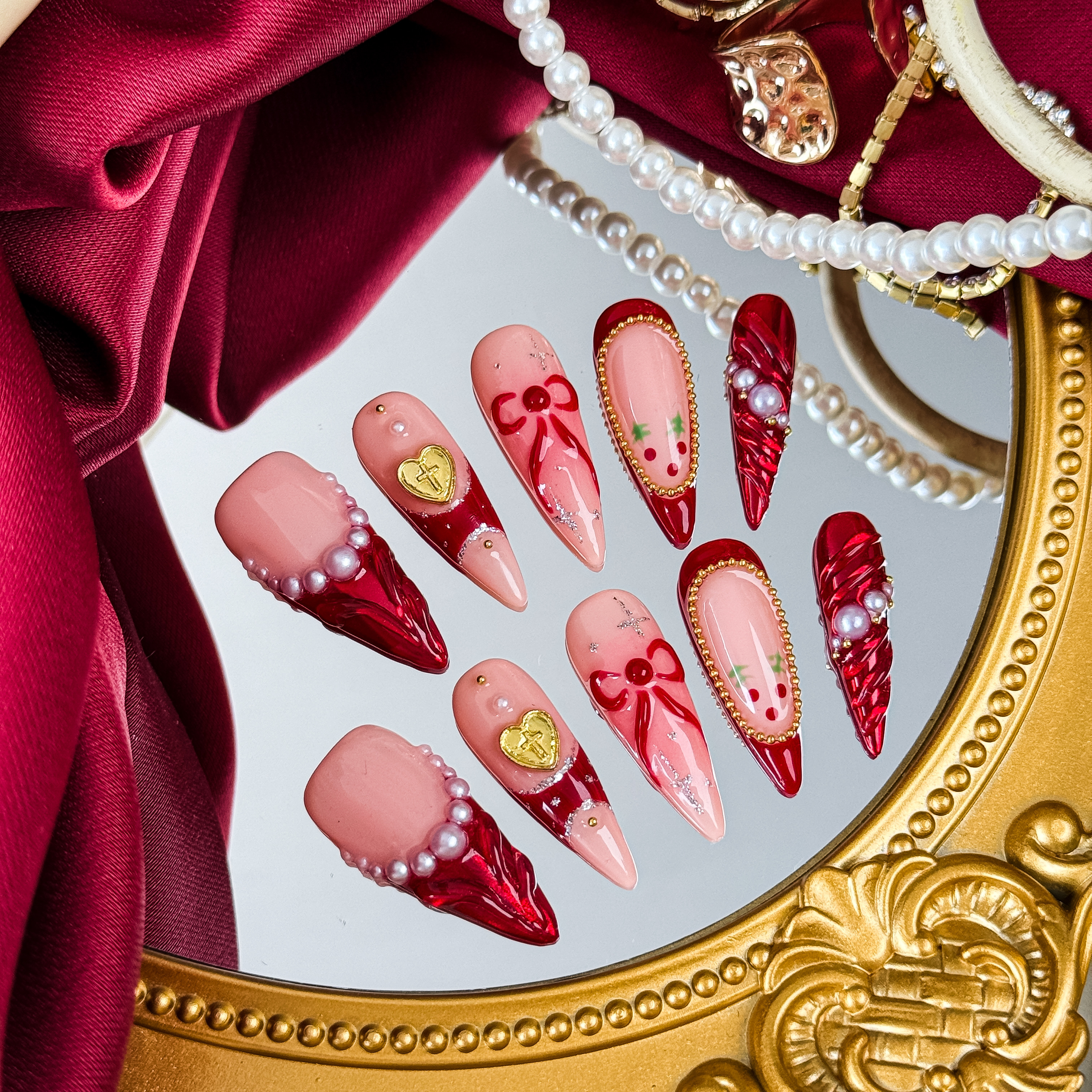 Nail Fairy Handmade Press-On Nails – Stiletto Exquisite Cherry & Bowknot Design in Red and Nude – Custom-Made, Reusable with Free Application Kit Included
