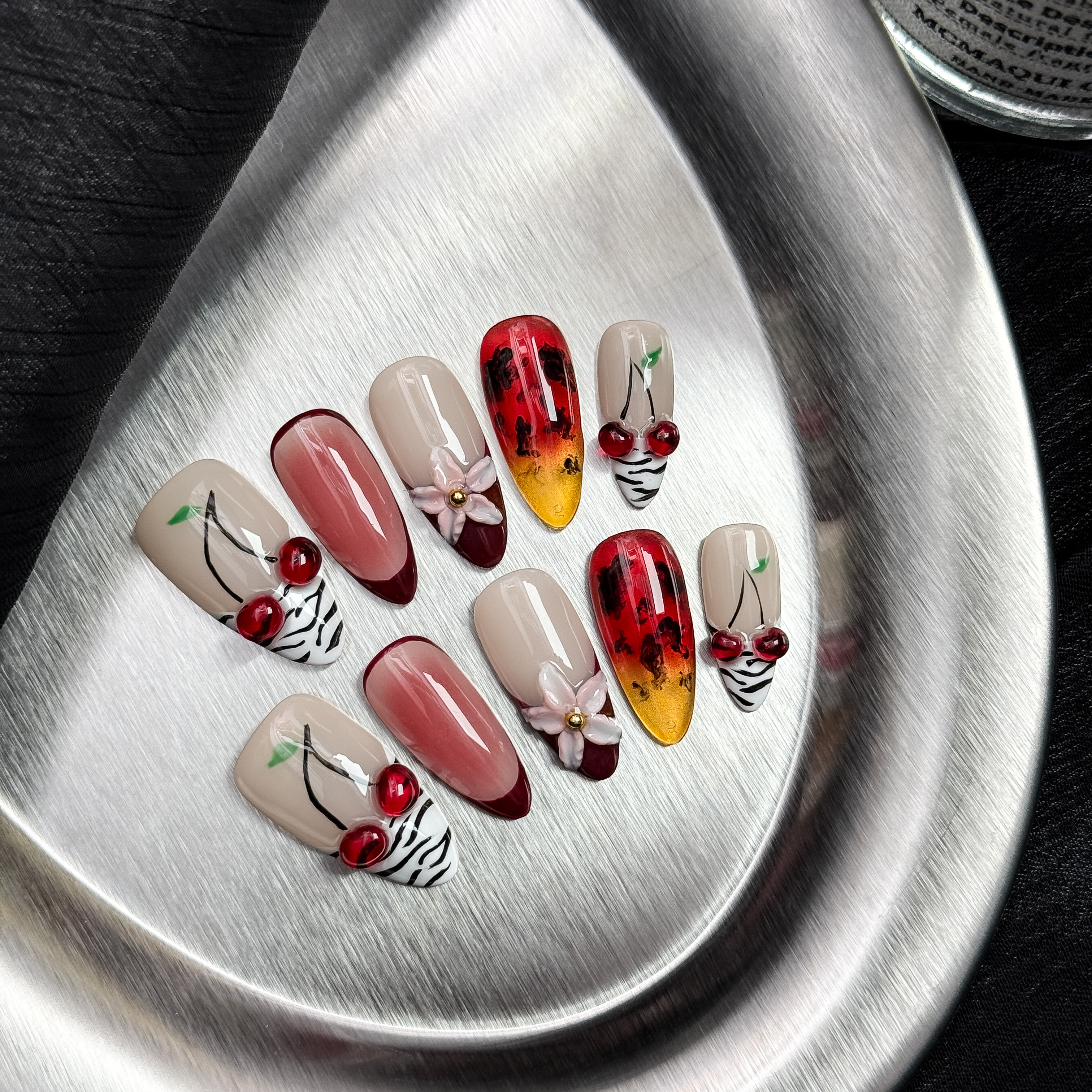 Handmade Press-On Nails – Nailfairy Adorable Cherry Phantom Design, Reusable with Free Application Kit Include