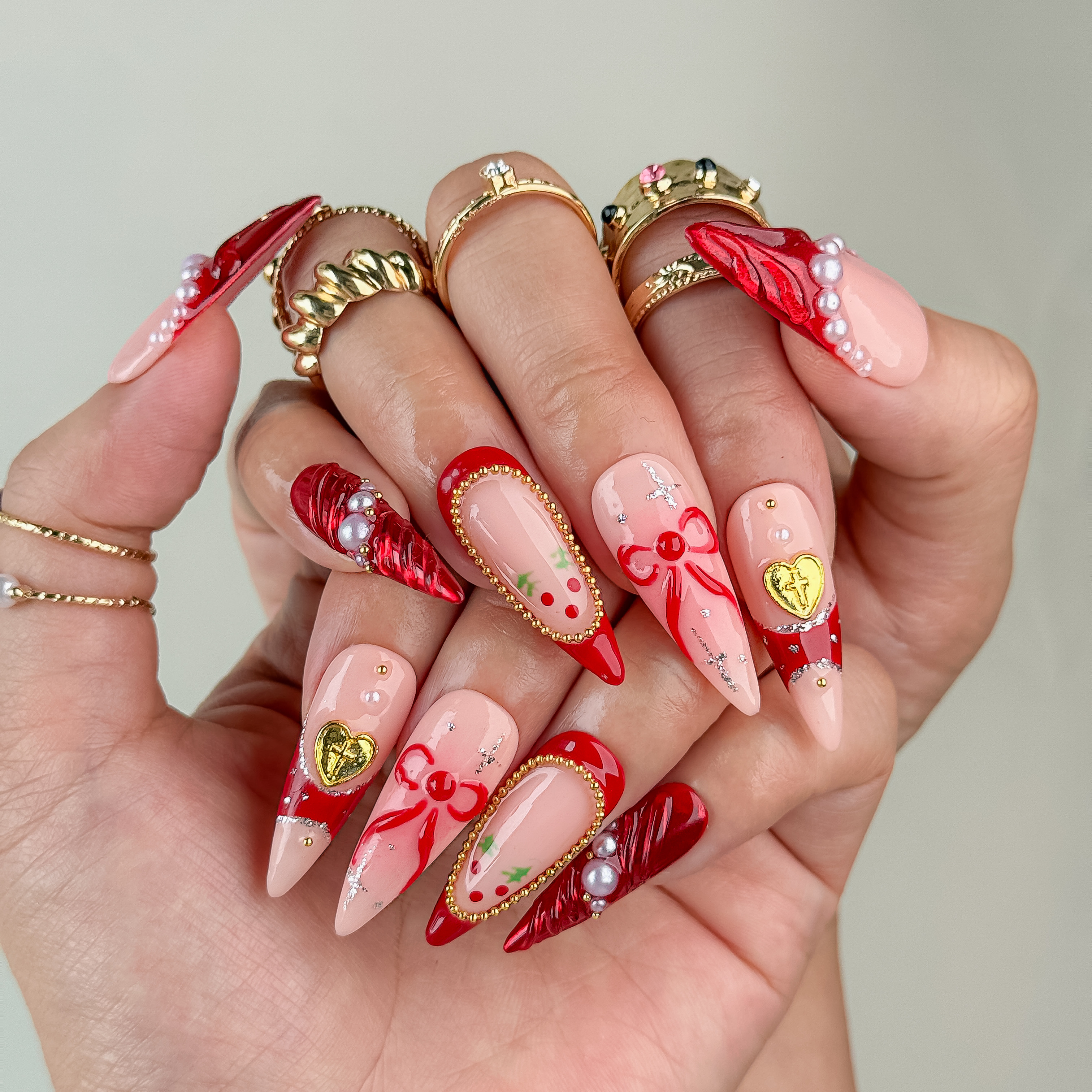 Nail Fairy Handmade Press-On Nails – Stiletto Exquisite Cherry & Bowknot Design in Red and Nude – Custom-Made, Reusable with Free Application Kit Included