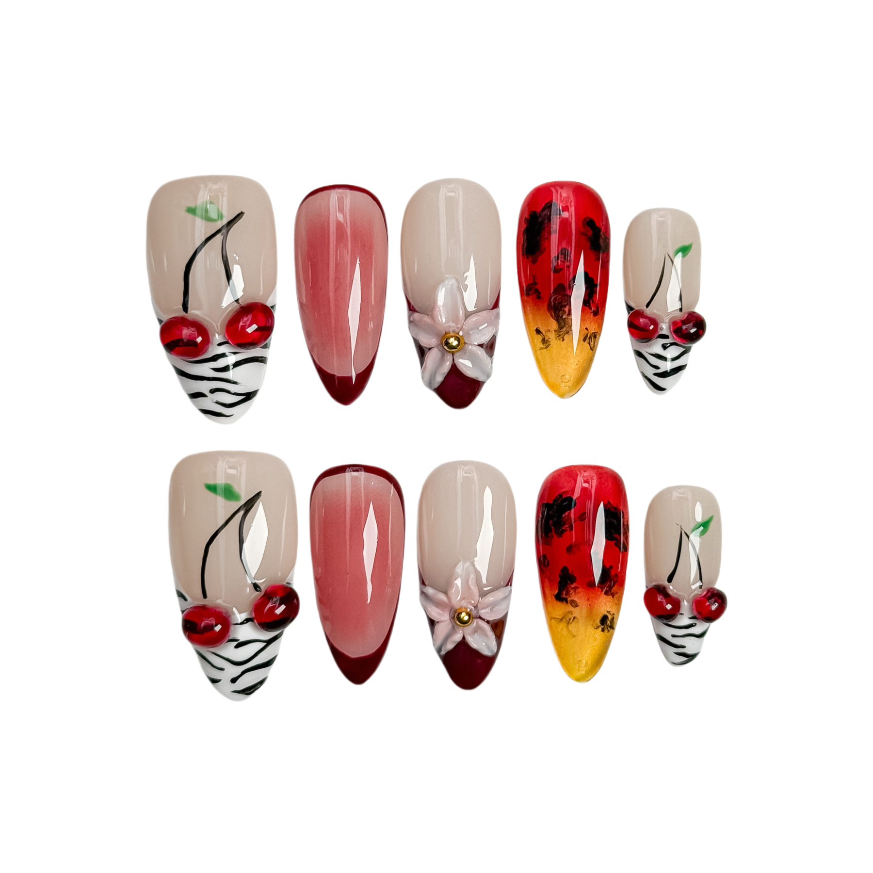 Handmade Press-On Nails – Nailfairy Adorable Cherry Phantom Design, Reusable with Free Application Kit Include