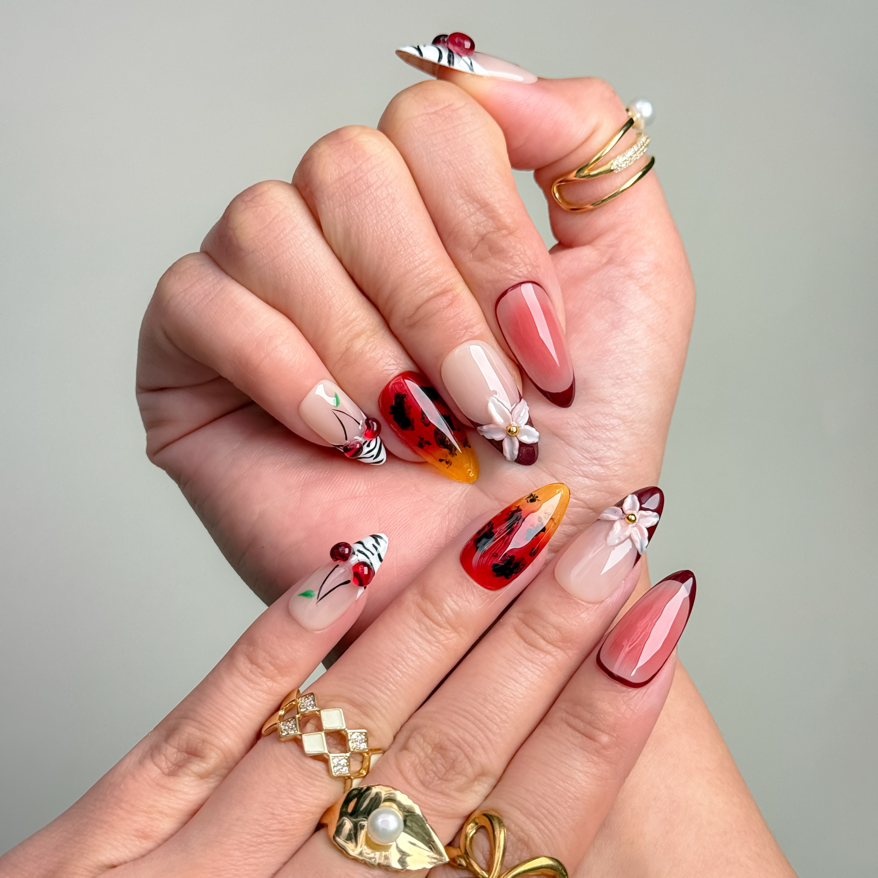 Handmade Press-On Nails – Nailfairy Adorable Cherry Phantom Design, Reusable with Free Application Kit Include