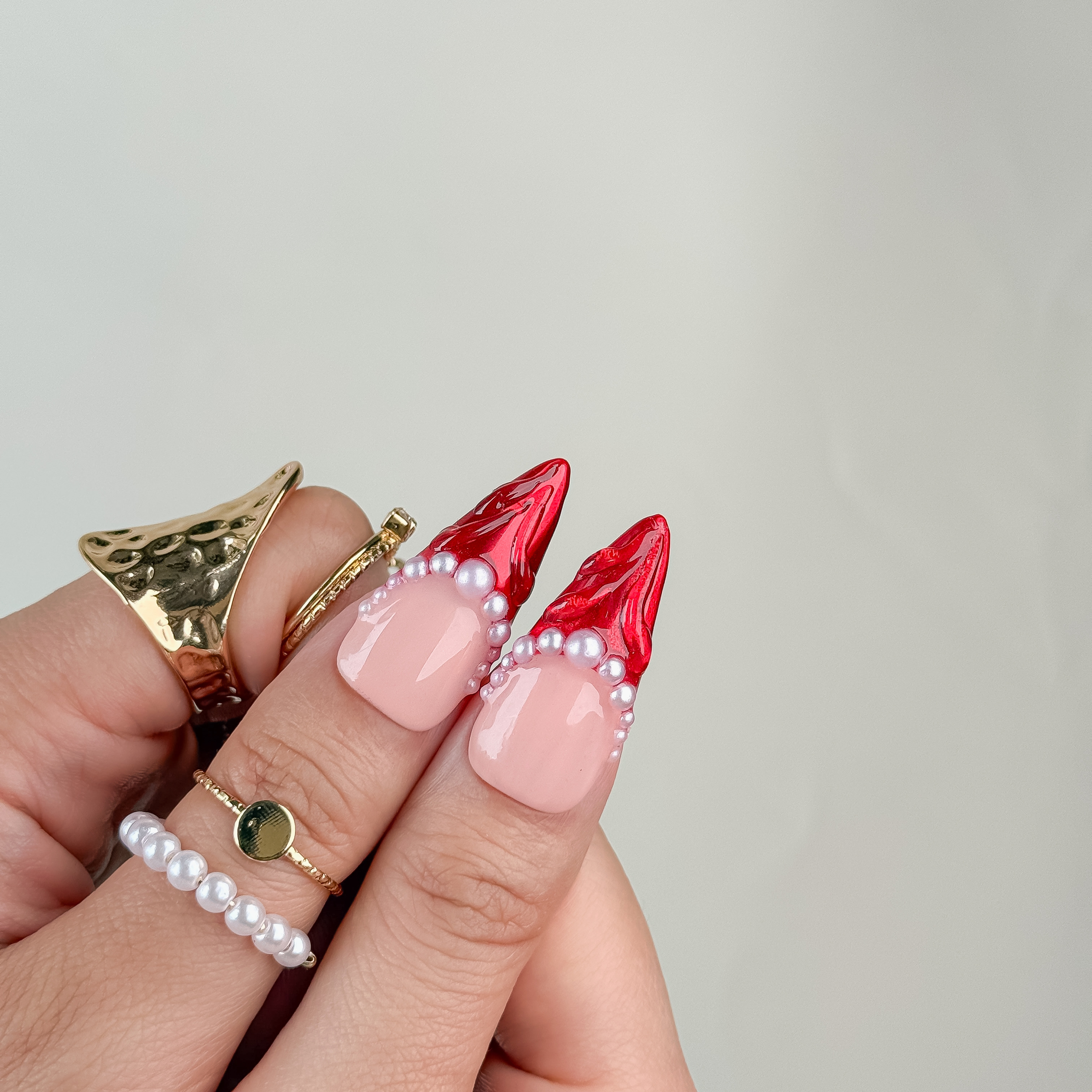 Nail Fairy Handmade Press-On Nails – Stiletto Exquisite Cherry & Bowknot Design in Red and Nude – Custom-Made, Reusable with Free Application Kit Included