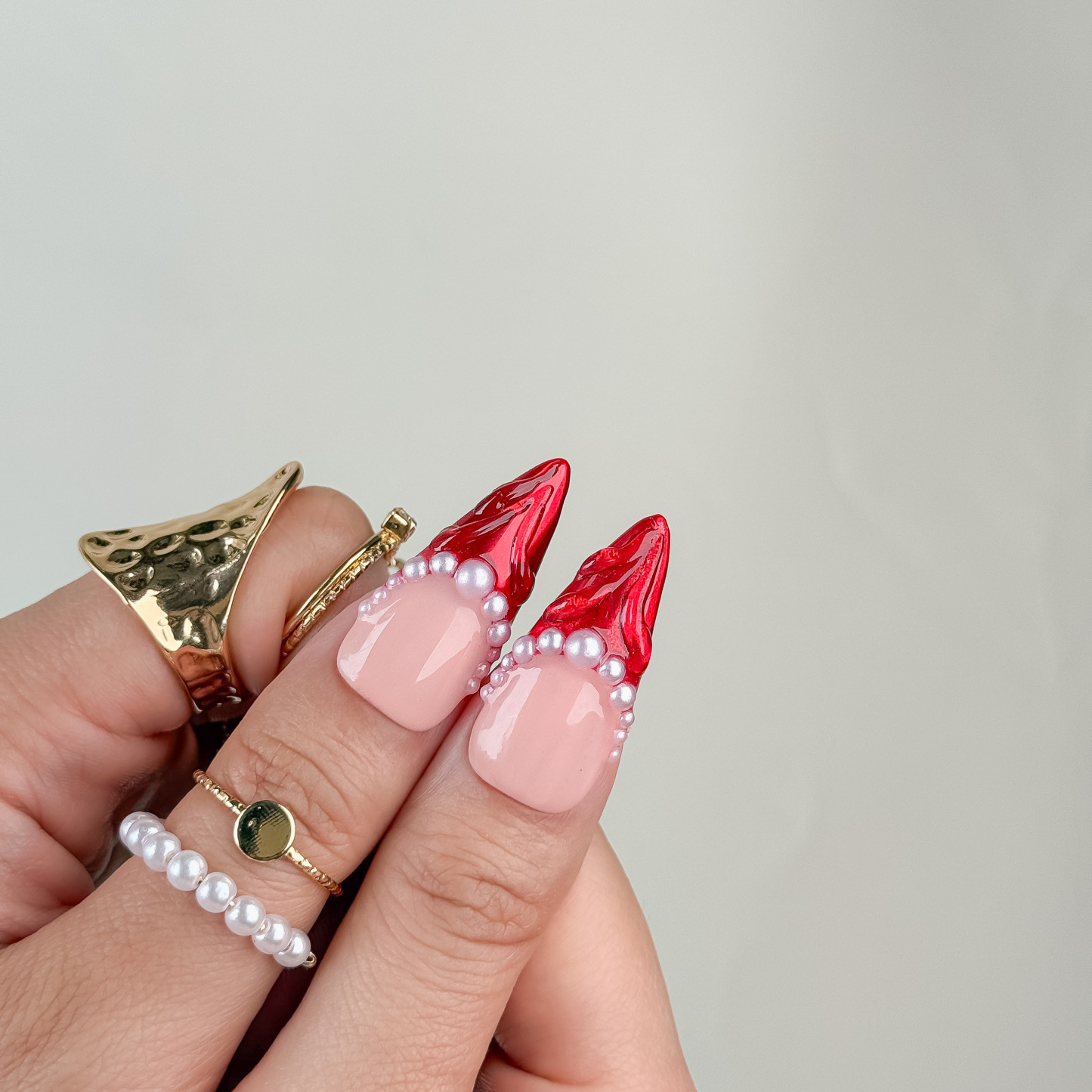 Nail Fairy Handmade Press-On Nails – Stiletto Exquisite Cherry & Bowknot Design in Red and Nude – Custom-Made, Reusable with Free Application Kit Included