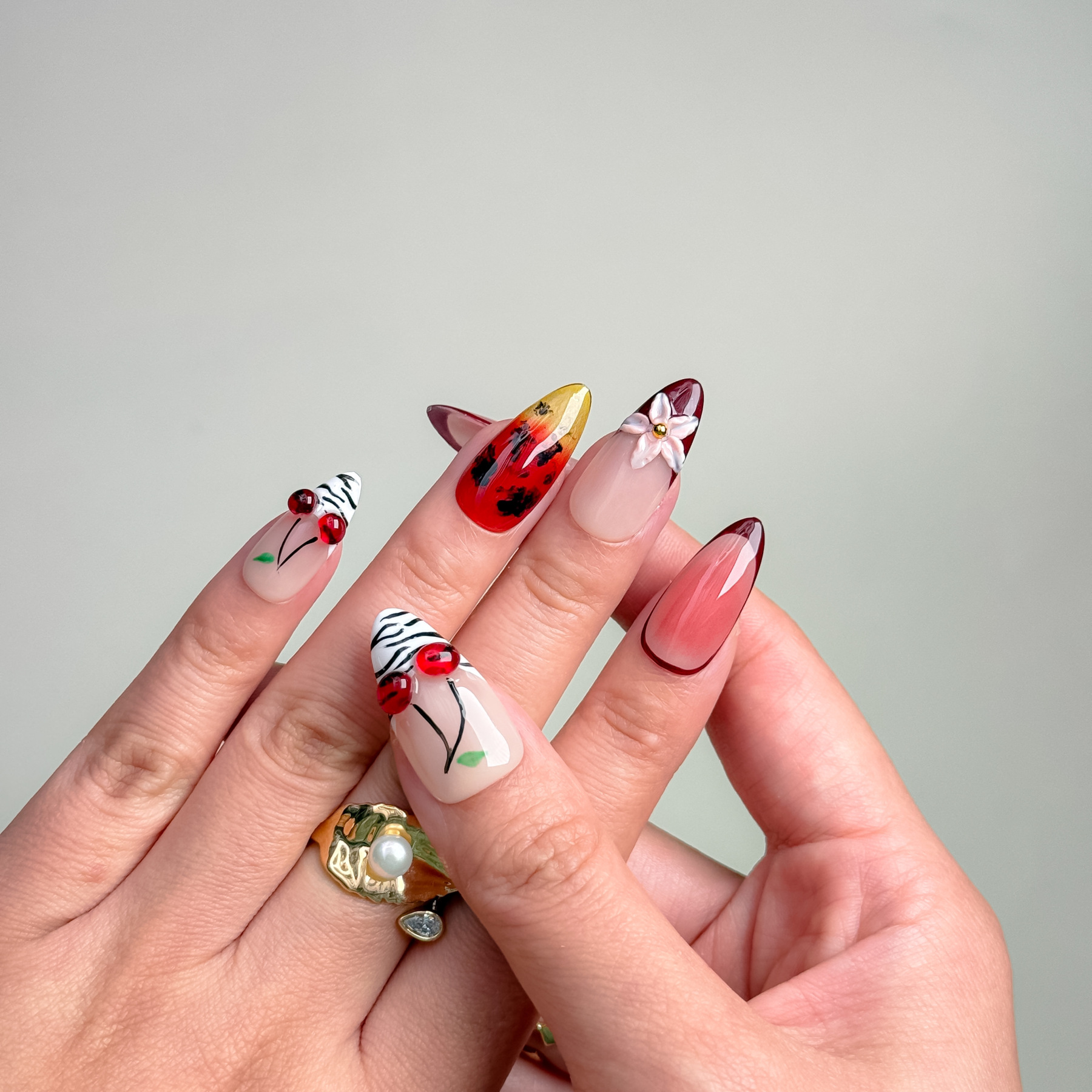 Handmade Press-On Nails – Nailfairy Adorable Cherry Phantom Design, Reusable with Free Application Kit Include
