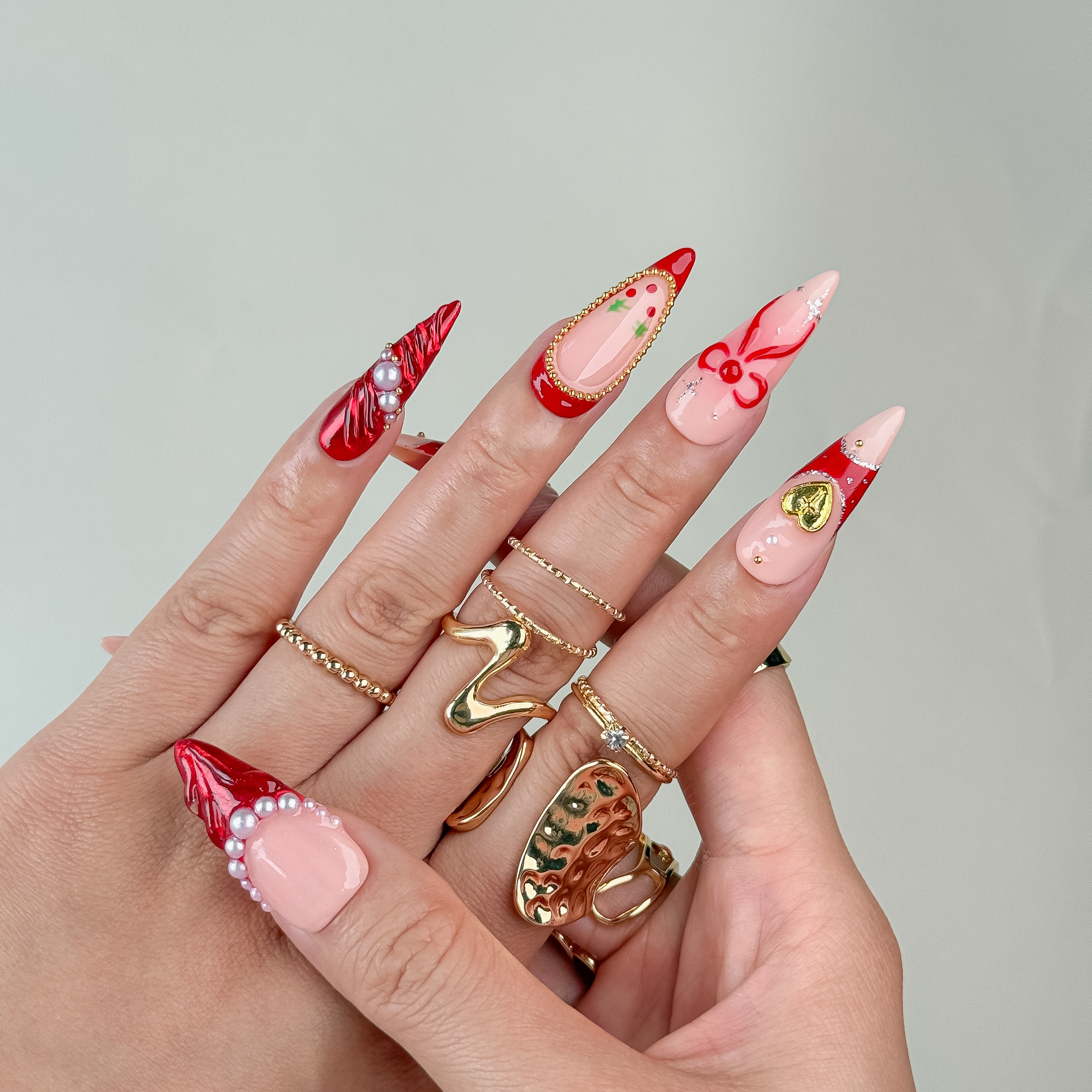 Nail Fairy Handmade Press-On Nails – Stiletto Exquisite Cherry & Bowknot Design in Red and Nude – Custom-Made, Reusable with Free Application Kit Included