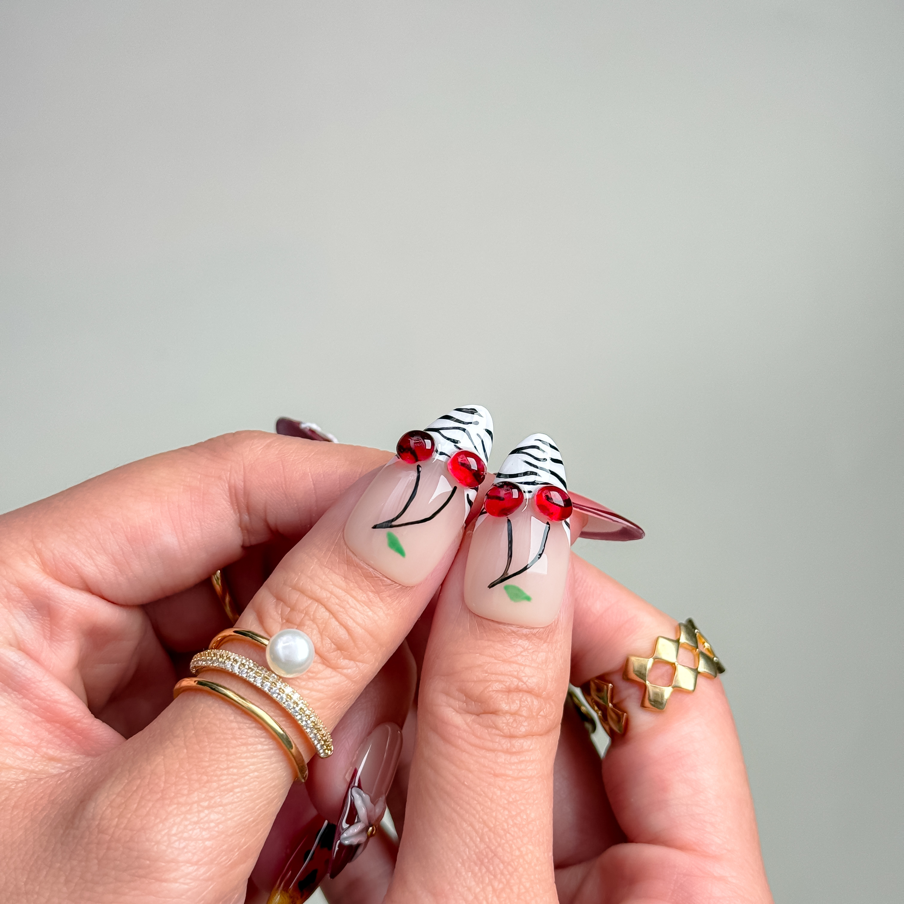 Handmade Press-On Nails – Nailfairy Adorable Cherry Phantom Design, Reusable with Free Application Kit Include