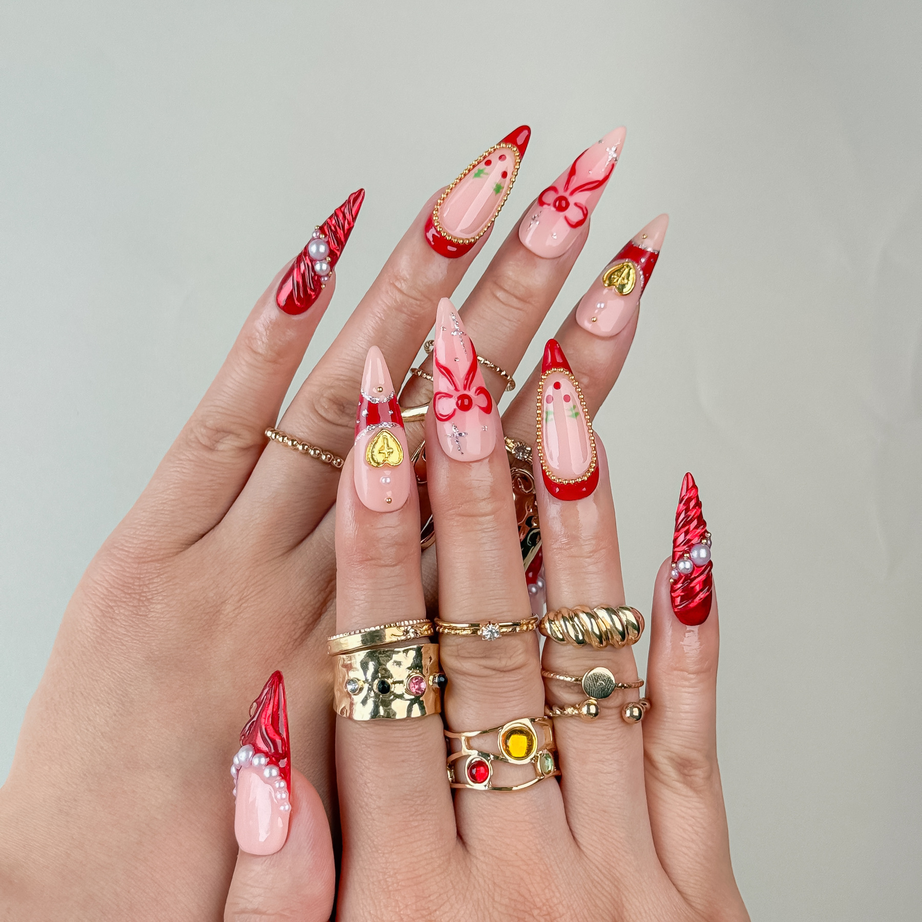 Handmade Press-On Nails – Nailfairy Exquisite Cherry & Bowknot Design 