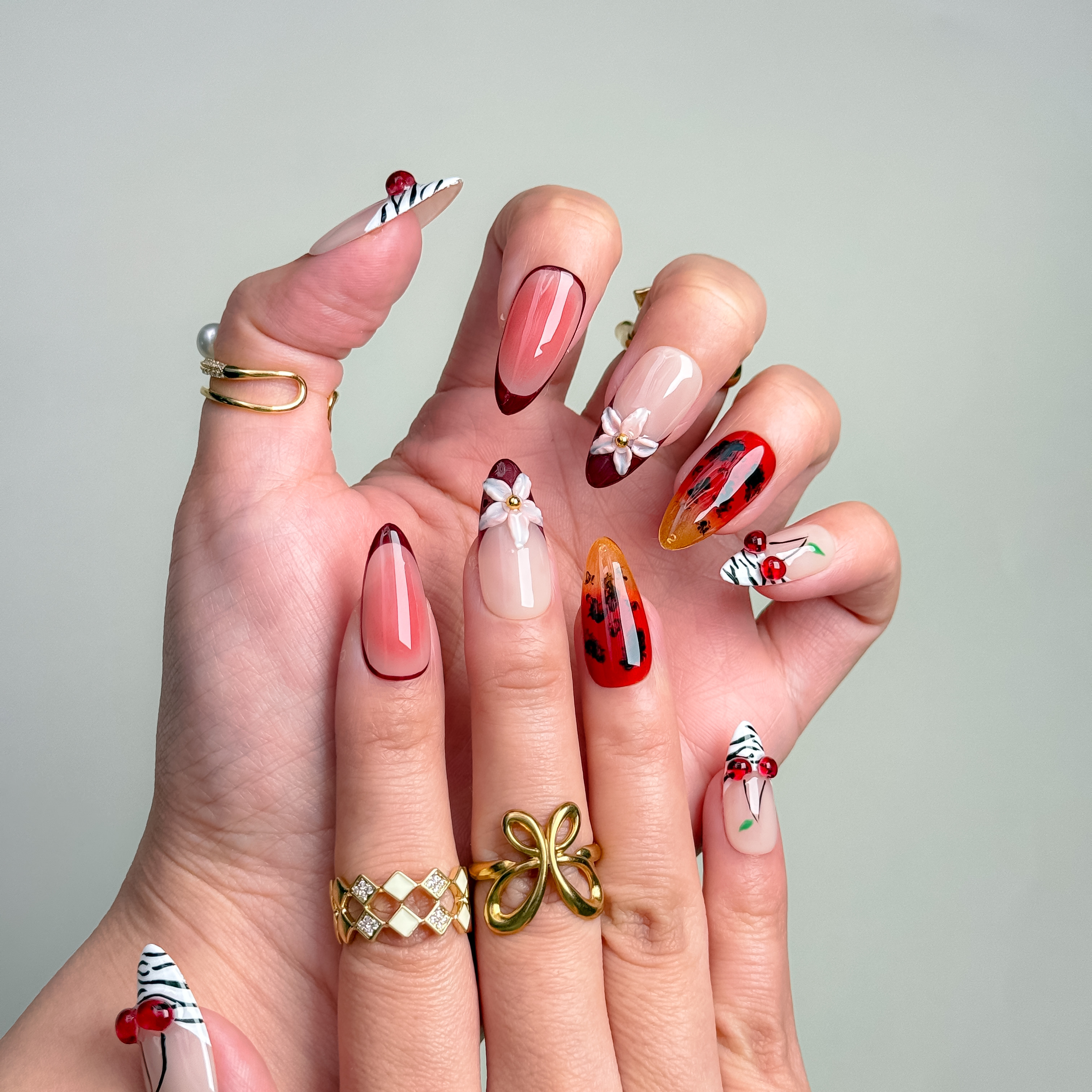 Handmade Press-On Nails – Nailfairy Adorable Cherry Phantom Design, Reusable with Free Application Kit Include