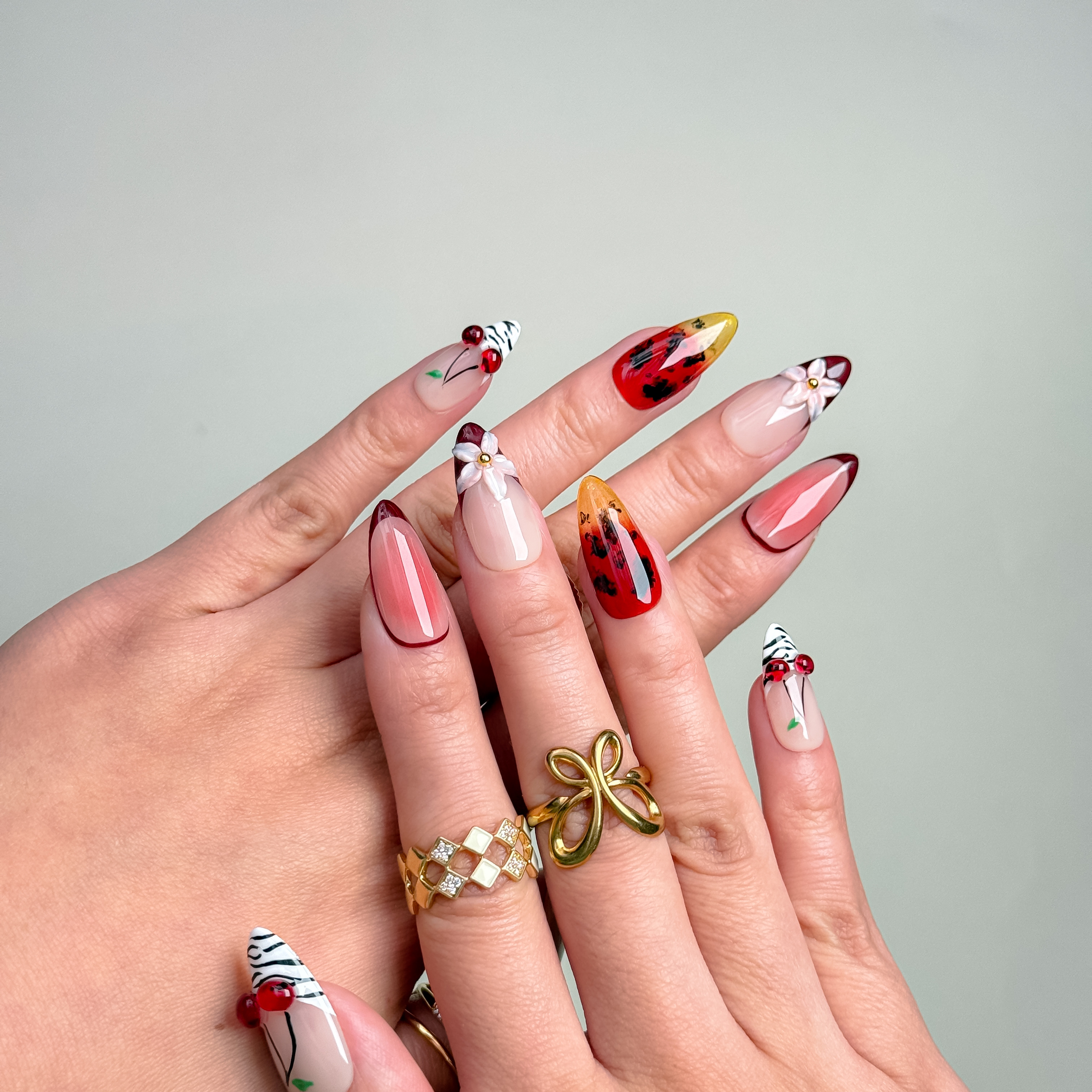 Handmade Press-On Nails – Nailfairy Adorable Cherry Phantom Design, Reusable with Free Application Kit Include