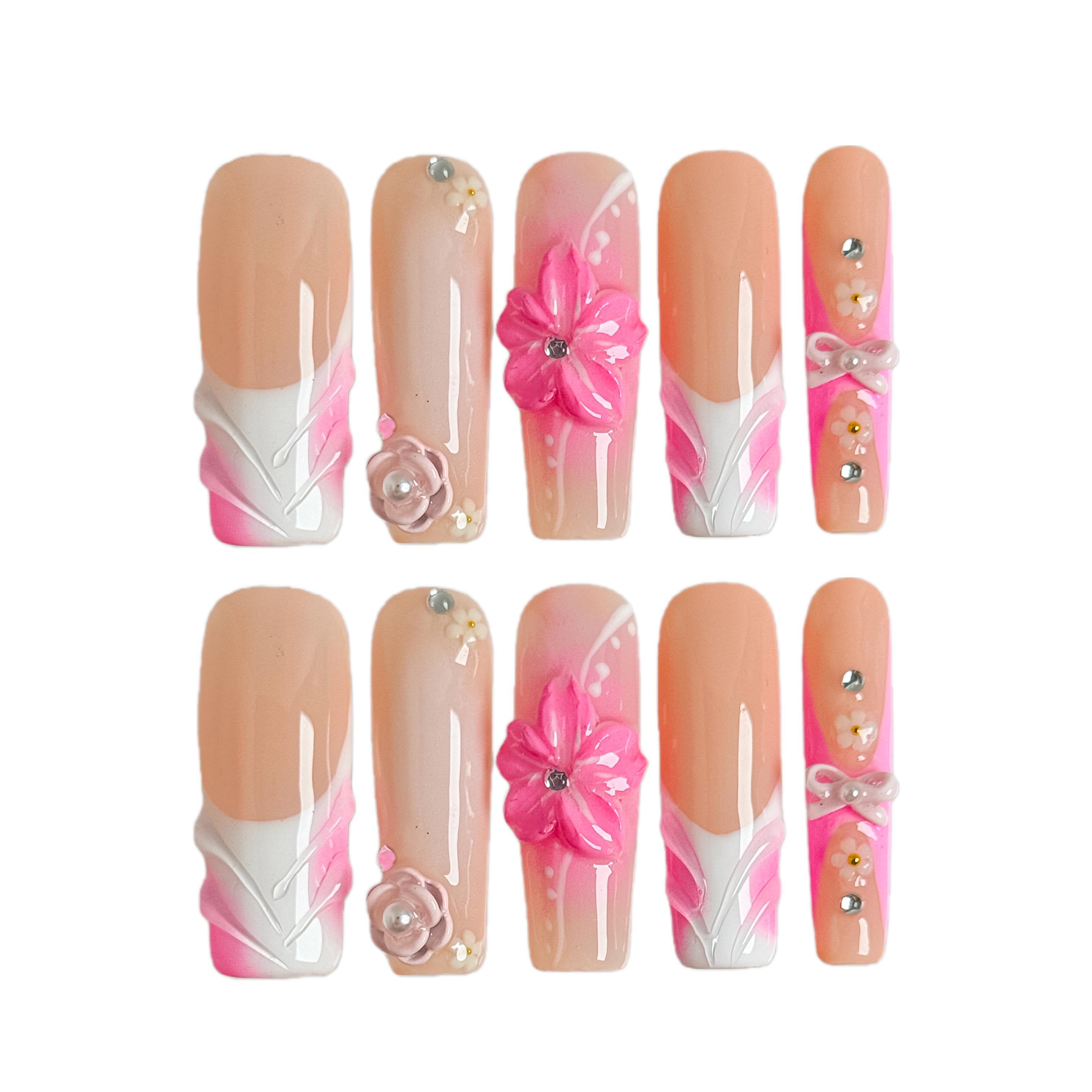 3D Pink Flower Press-On Nails – Medium Square