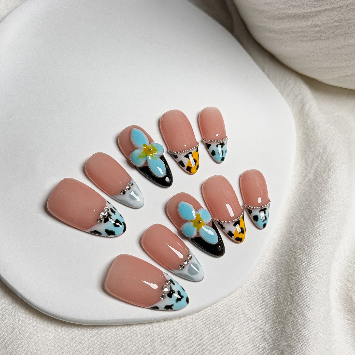 Handmade Press-On Nails – Nailfairy Nude Base with Leopard & Flower Embellishments – French Tip Design, Reusable with Free Application Kit Included