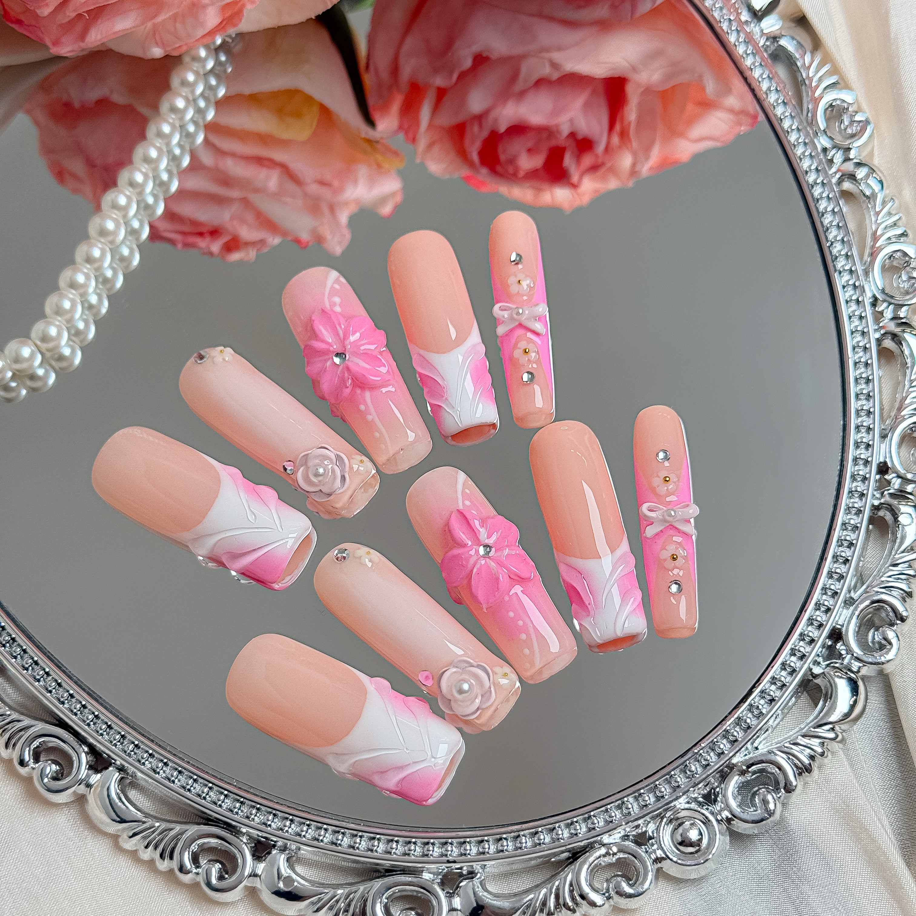 3D Pink Flower Press-On Nails – Medium Square
