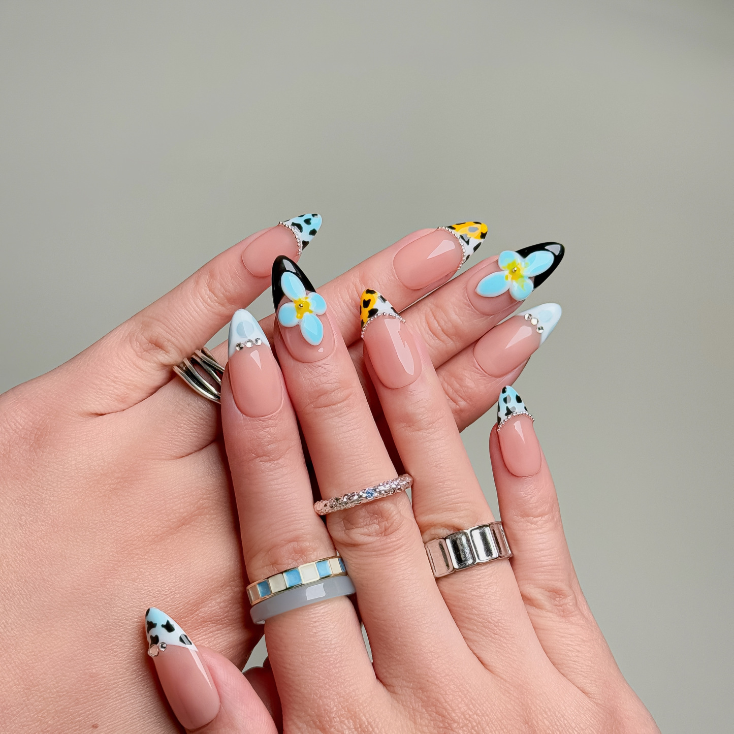 Handmade Press-On Nails – Nailfairy Nude Base with Leopard & Flower Embellishments – French Tip Design, Reusable with Free Application Kit Included