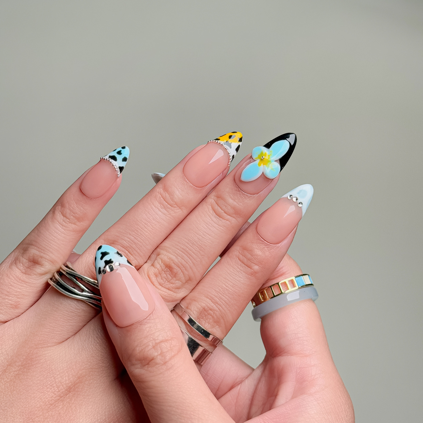 Handmade Press-On Nails – Nailfairy Nude Base with Leopard & Flower Embellishments – French Tip Design, Reusable with Free Application Kit Included