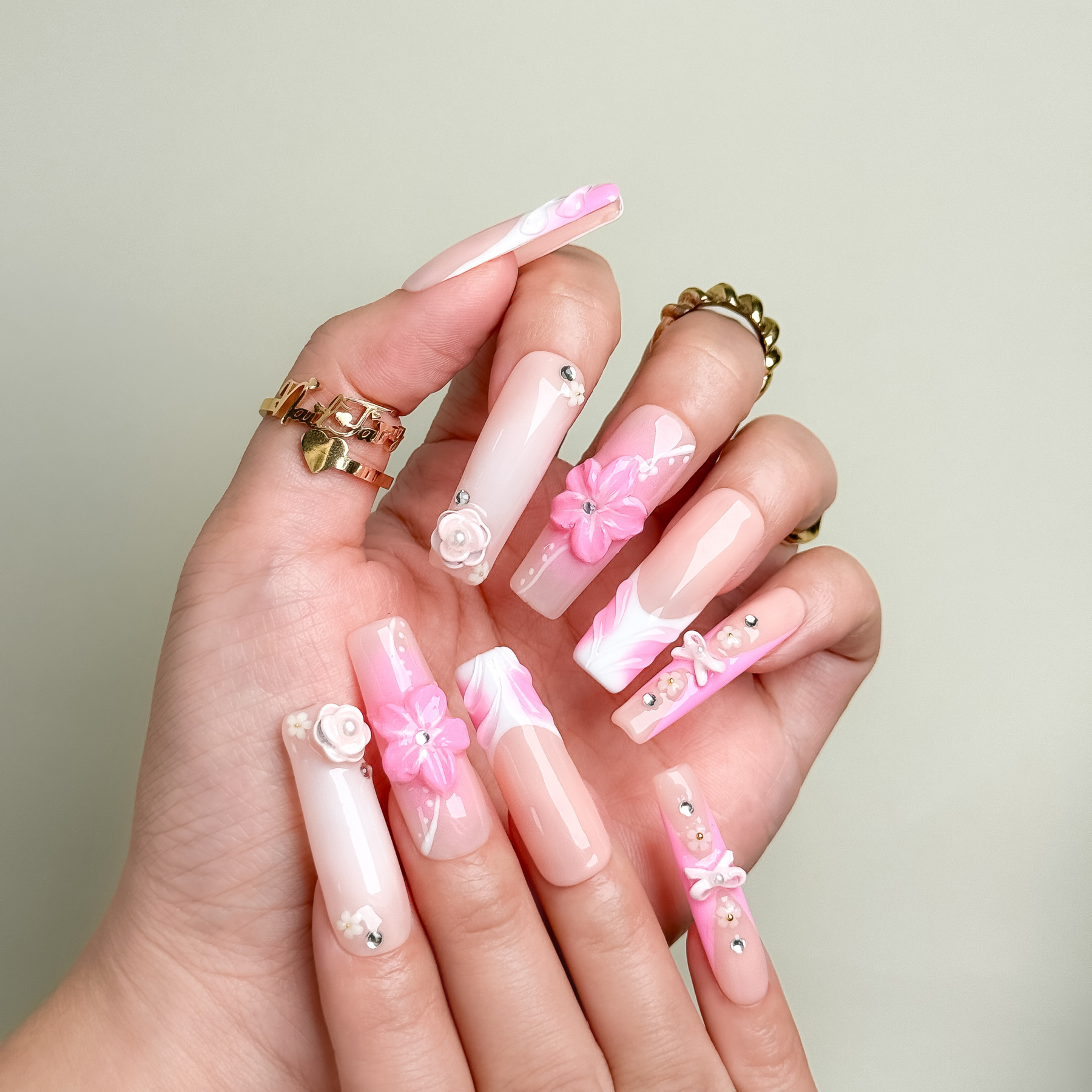 3D Pink Flower Press-On Nails – Medium Square