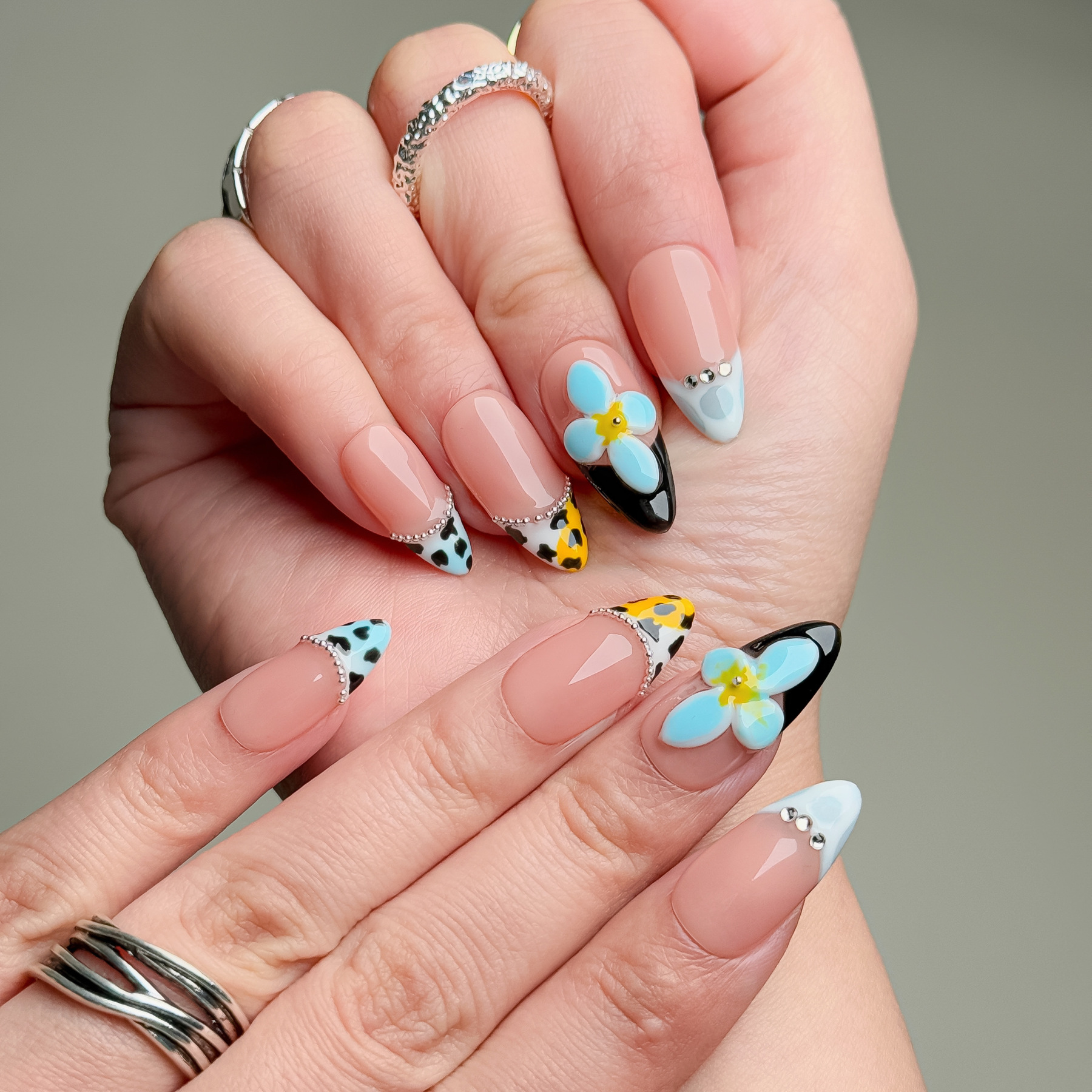 Handmade Press-On Nails – Nailfairy Nude Base with Leopard & Flower Embellishments – French Tip Design, Reusable with Free Application Kit Included