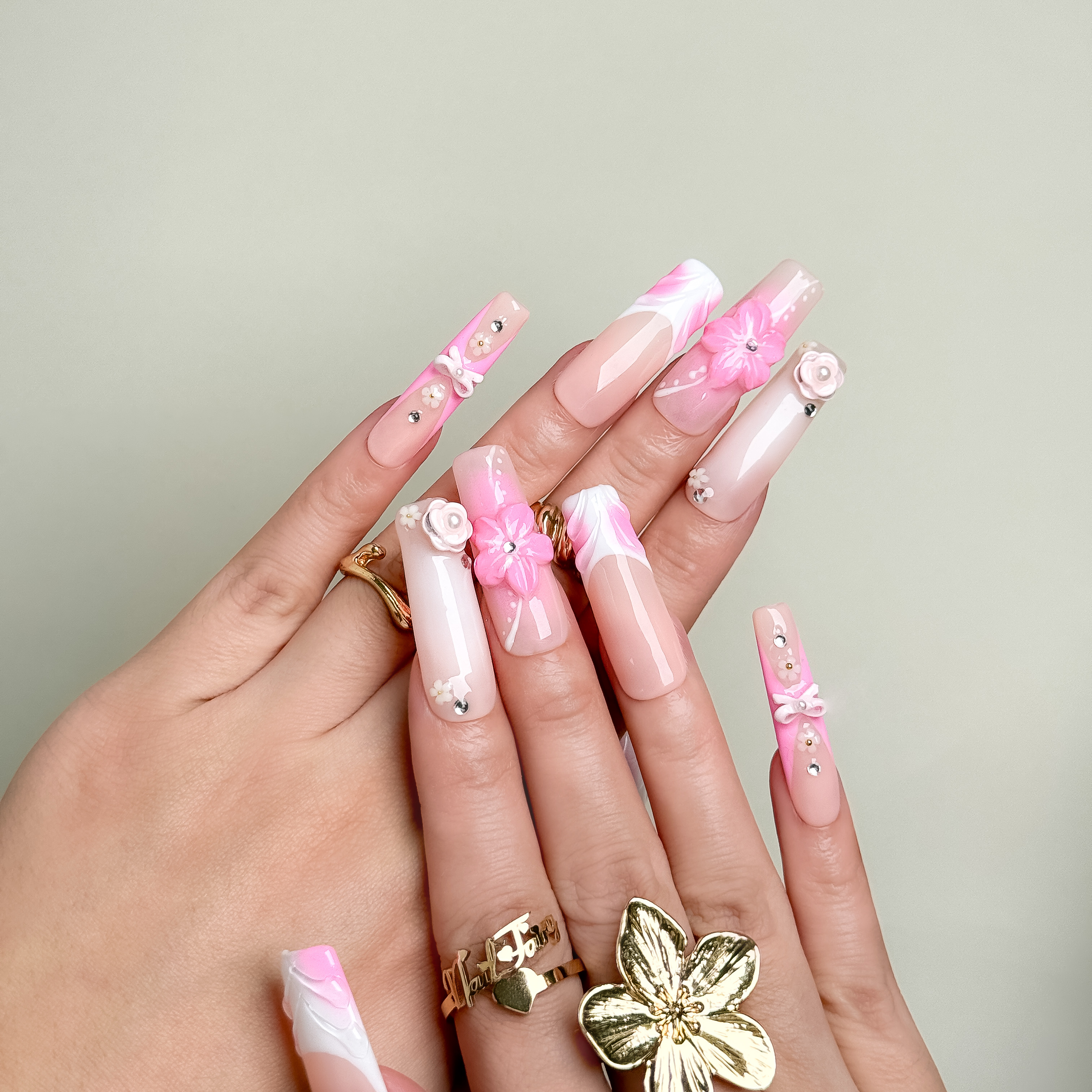3D Pink Flower Press-On Nails – Medium Square