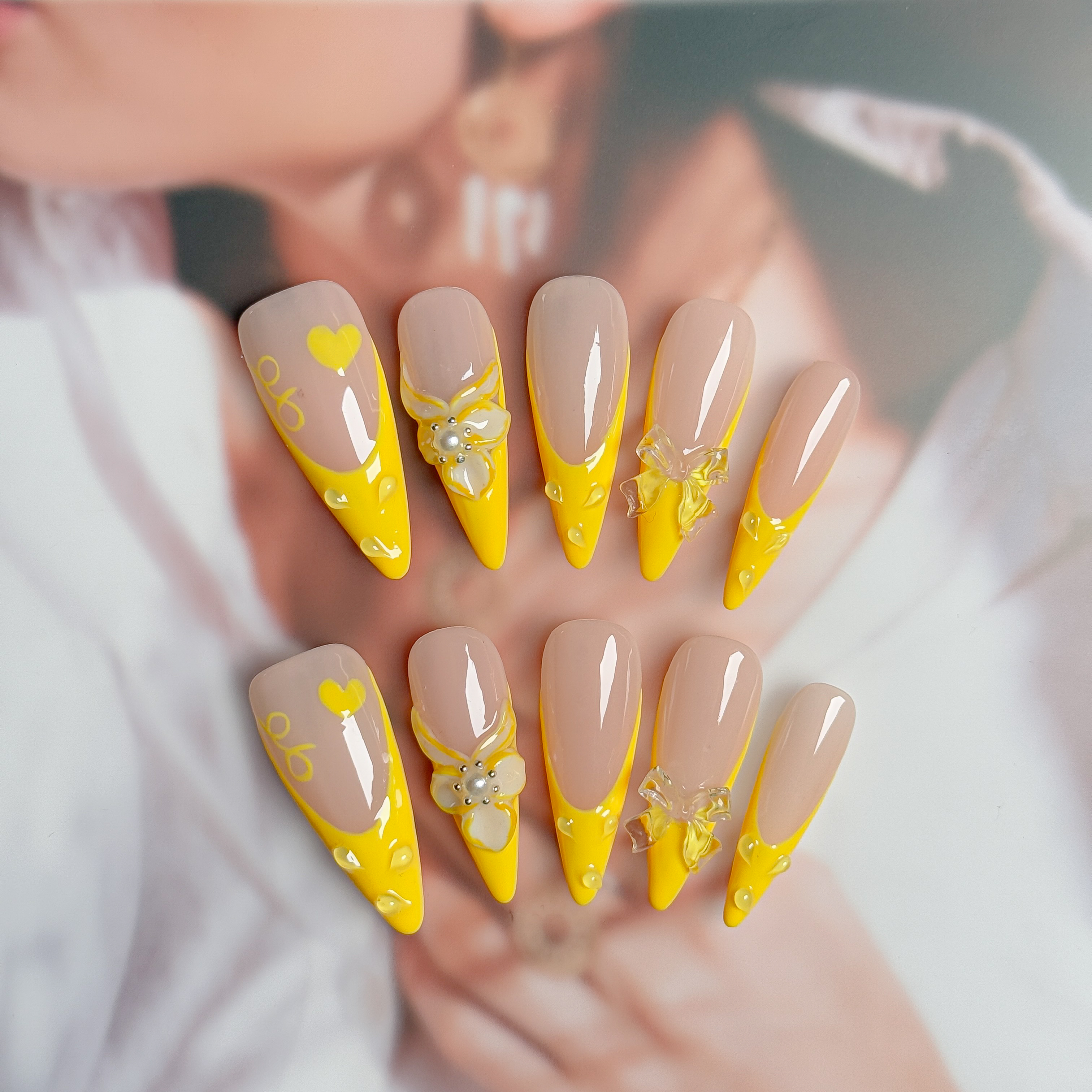 Handmade Press-On Nails – Nailfairy Adorable Yellow Love & Bow Design – Almond Shape, Custom-Made, Reusable with Free Application Kit Included