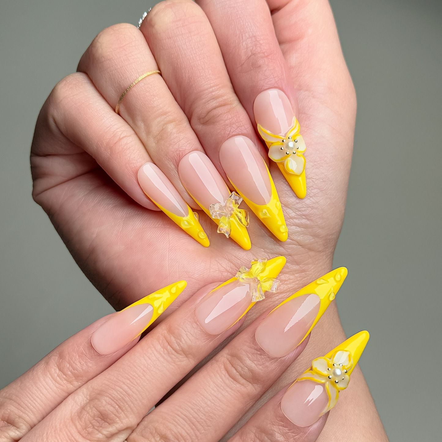 Handmade Press-On Nails – Nailfairy Adorable Yellow Love & Bow Design – Almond Shape, Custom-Made, Reusable with Free Application Kit Included