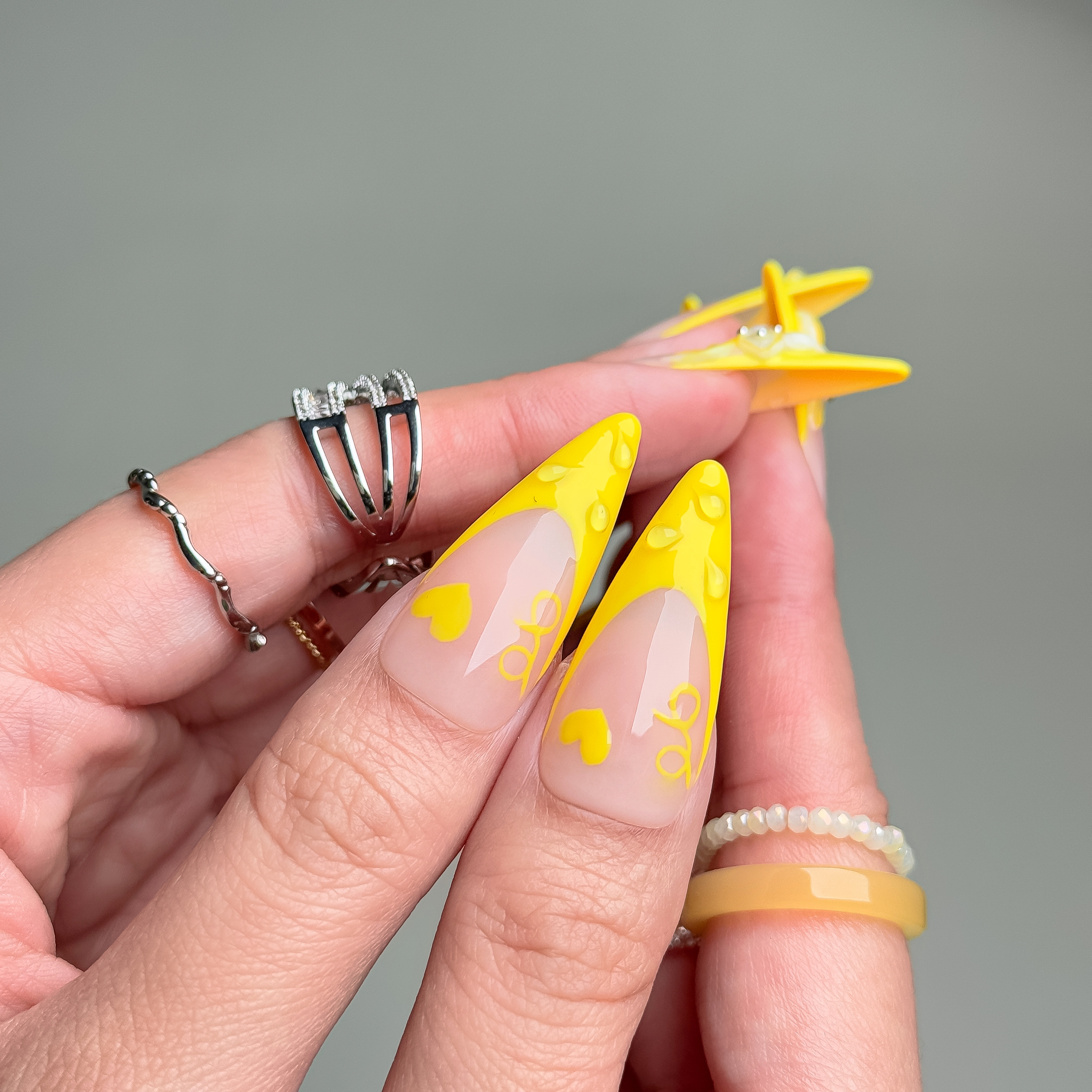 Handmade Press-On Nails – Nailfairy Adorable Yellow Love & Bow Design – Almond Shape, Custom-Made, Reusable with Free Application Kit Included