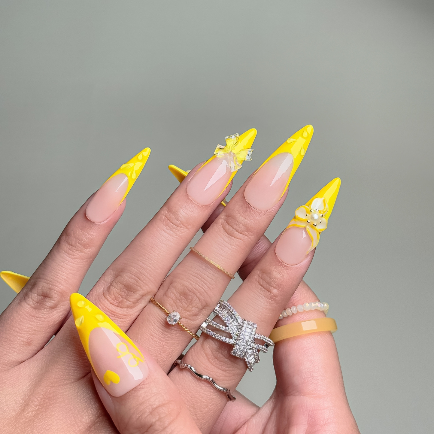 Handmade Press-On Nails – Nailfairy Adorable Yellow Love & Bow Design – Almond Shape, Custom-Made, Reusable with Free Application Kit Included