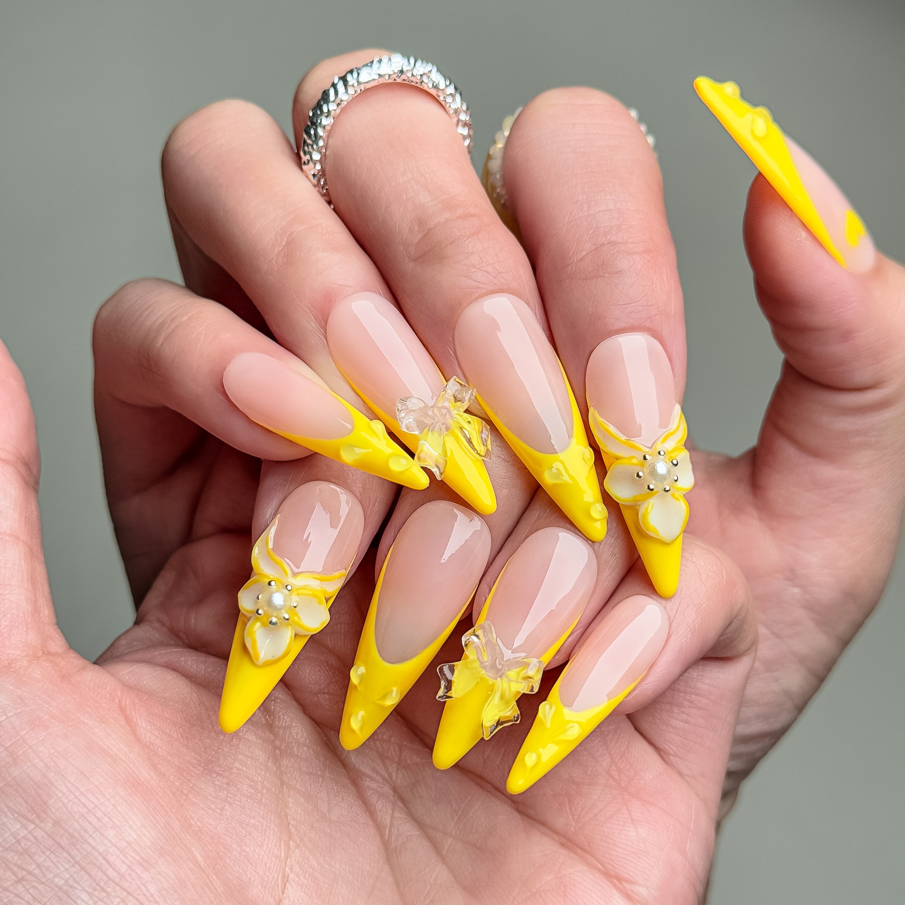 Handmade Press-On Nails – Nailfairy Adorable Yellow Love & Bow Design – Almond Shape, Custom-Made, Reusable with Free Application Kit Included