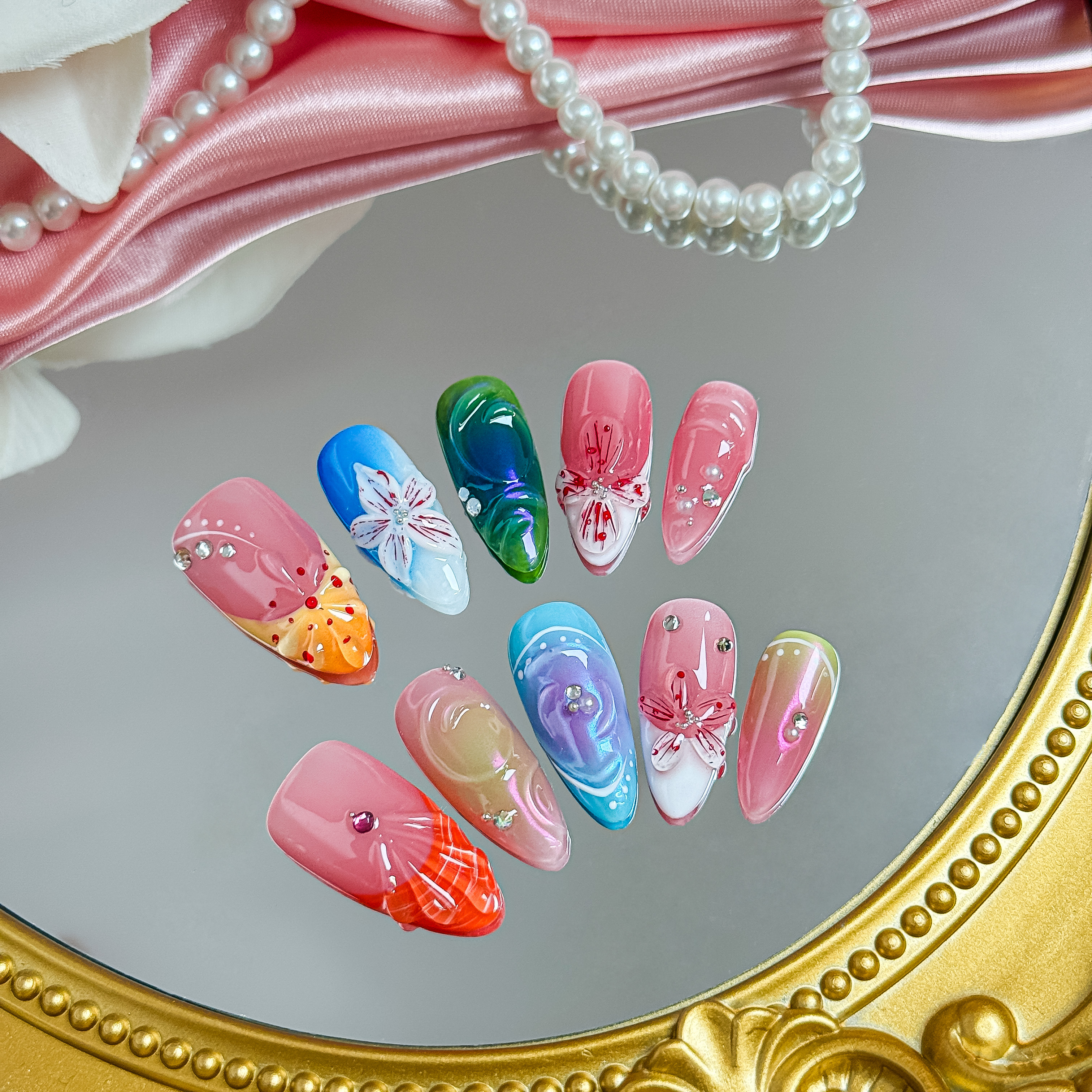 Nail Fairy Iridescent Laser Floral Press-On Nails – Short Almond Shape