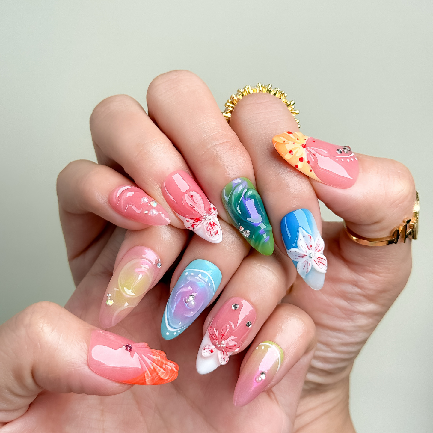 Nail Fairy Iridescent Laser Floral Press-On Nails – Short Almond Shape