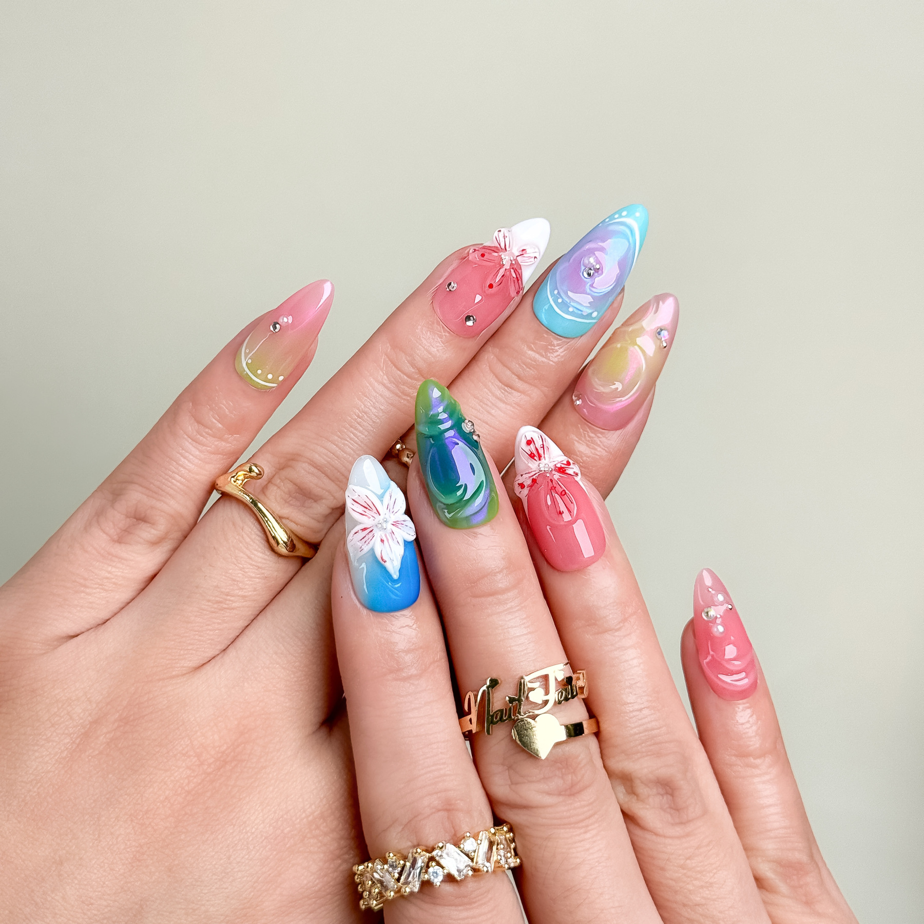 Nail Fairy Iridescent Laser Floral Press-On Nails – Short Almond Shape