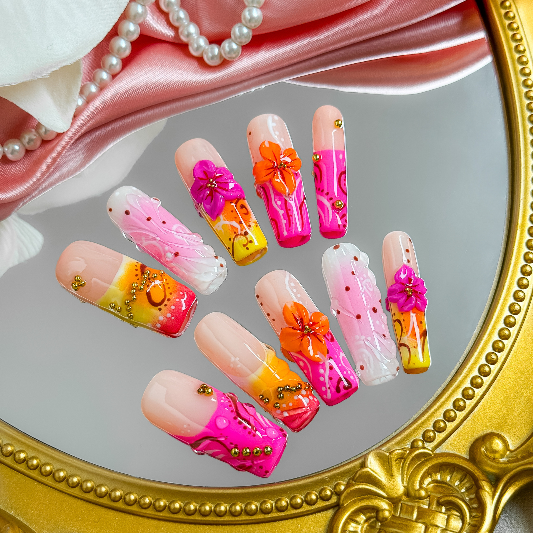 Tropical  Bloom 3D Floral Press-On Nails | Medium Square