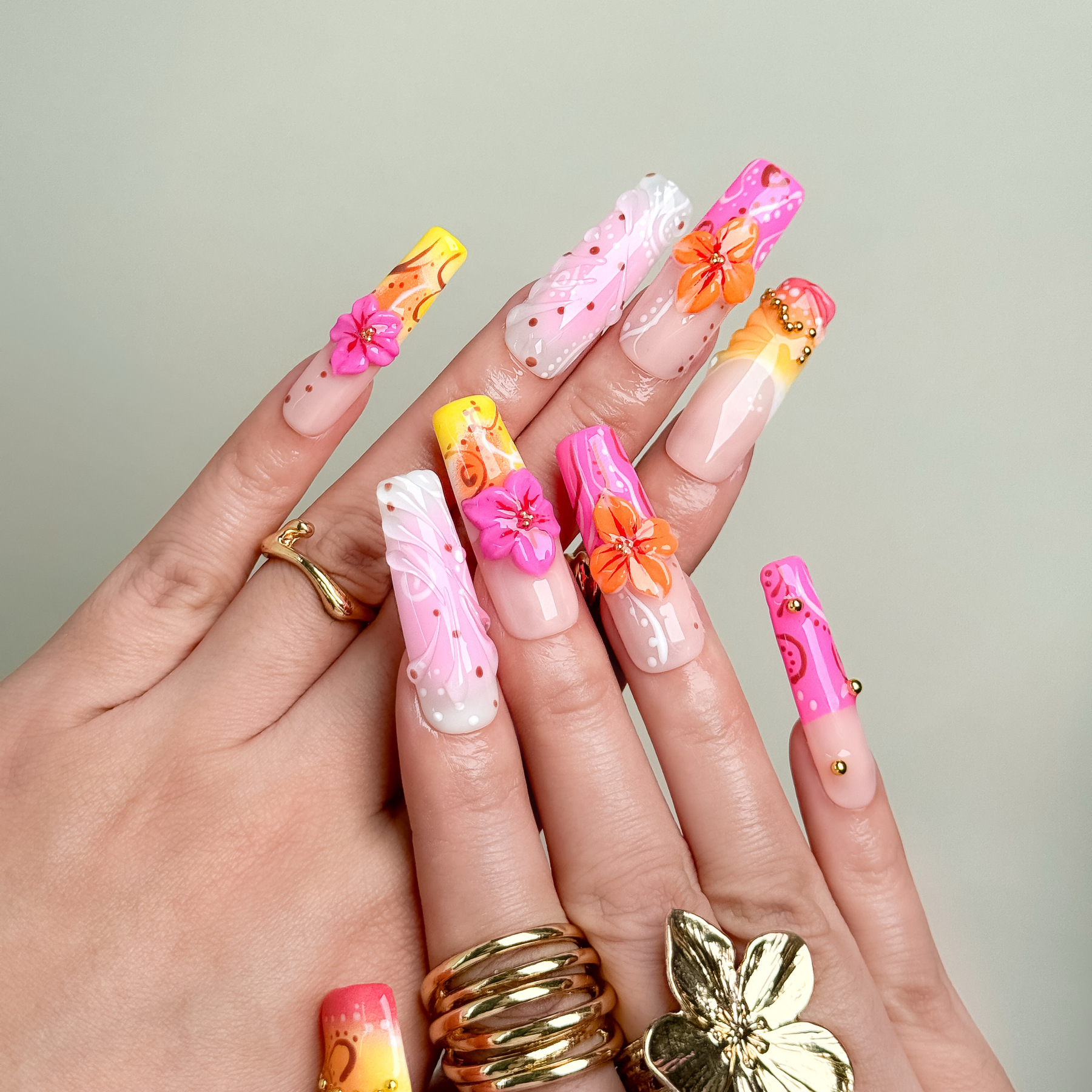 Tropical  Bloom 3D Floral Press-On Nails | Medium Square
