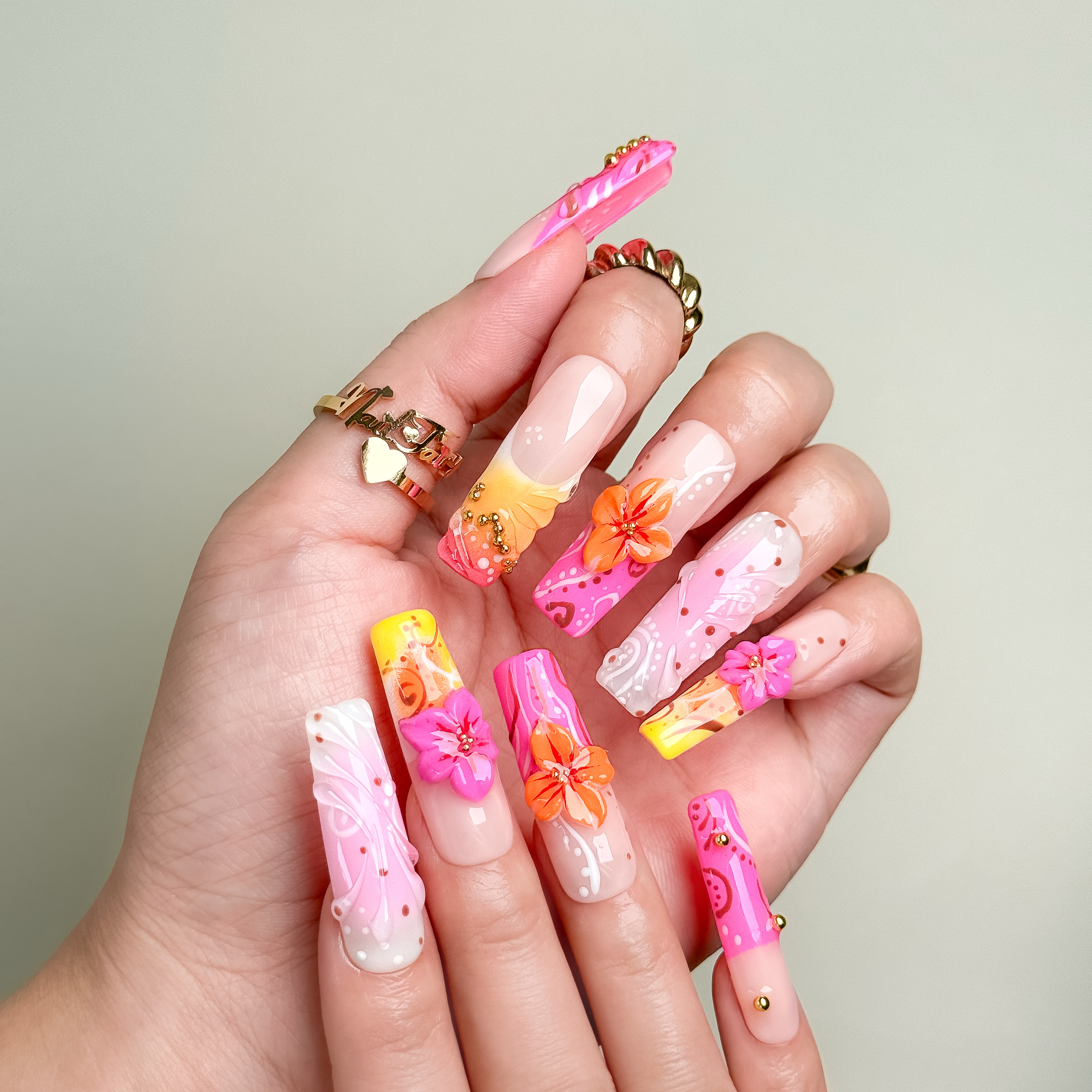 Tropical  Bloom 3D Floral Press-On Nails | Medium Square