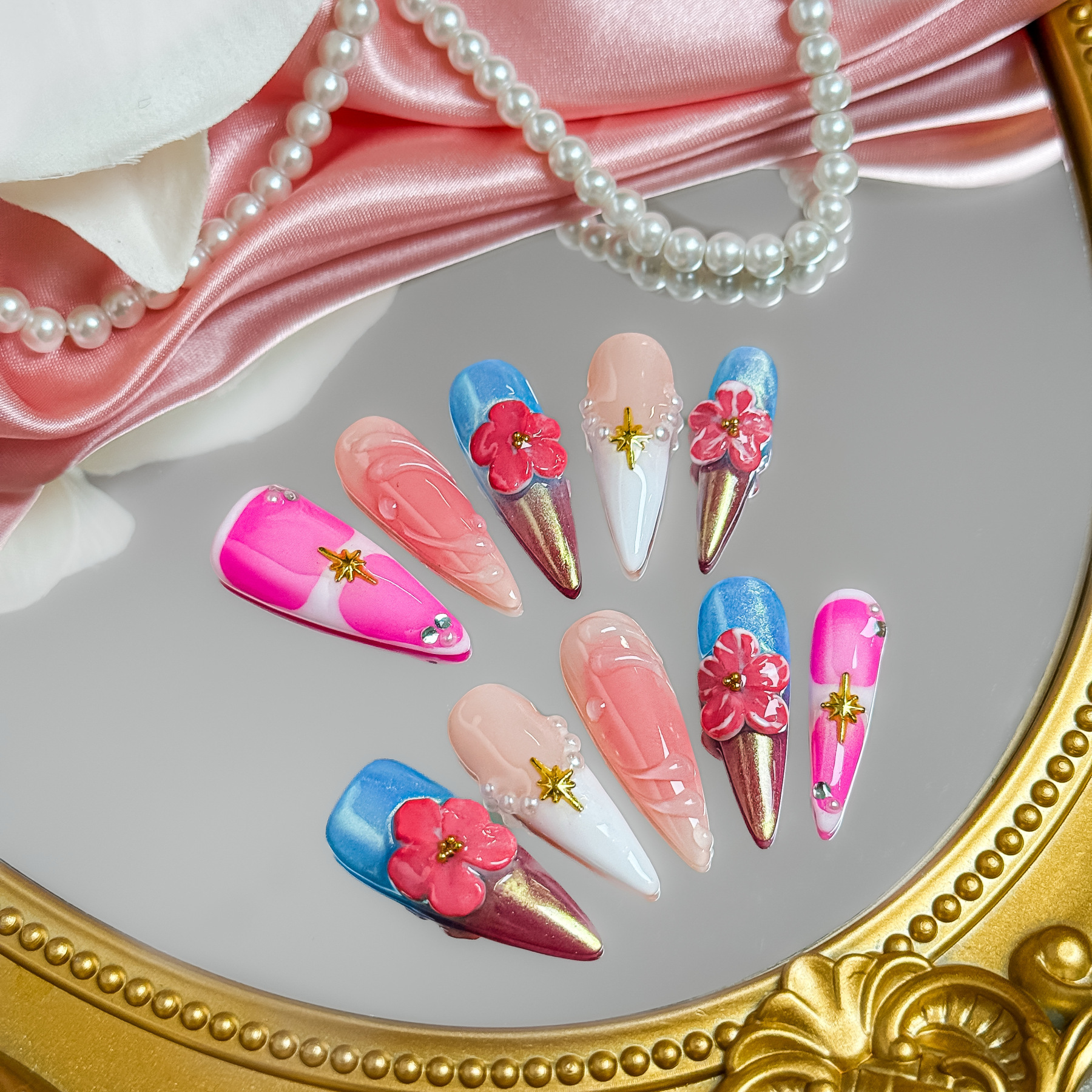 Sakura Elegance 3D Flower Press-On Nails – Long Stiletto