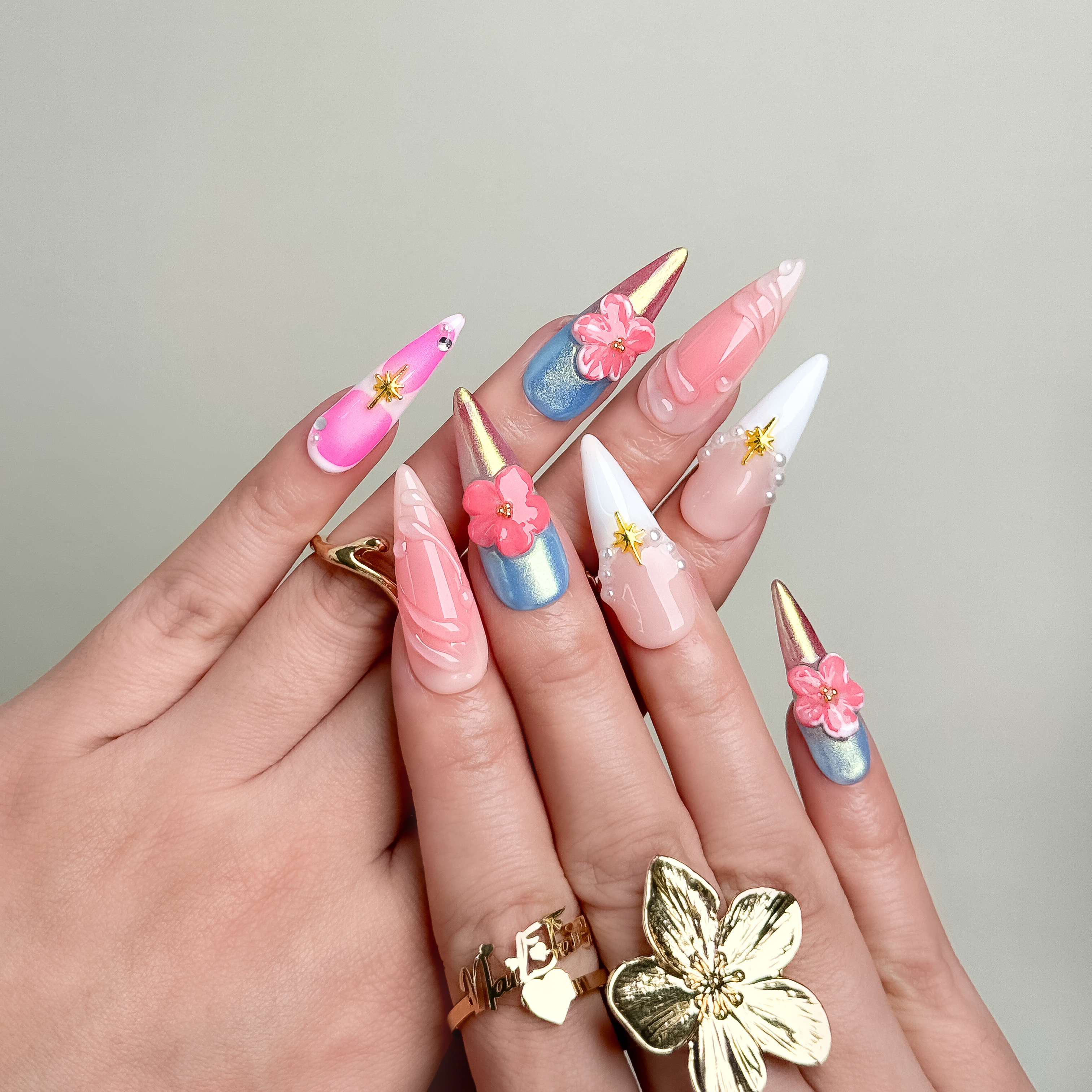 Sakura Elegance 3D Flower Press-On Nails – Long Stiletto