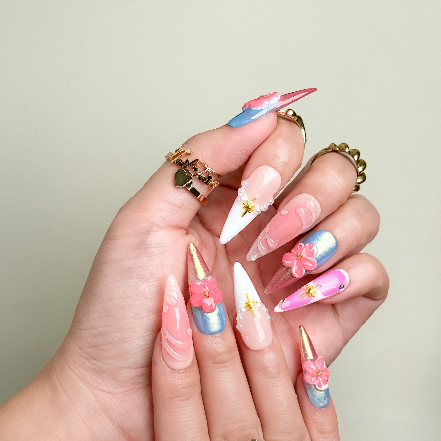 Sakura Elegance 3D Flower Press-On Nails – Long Stiletto