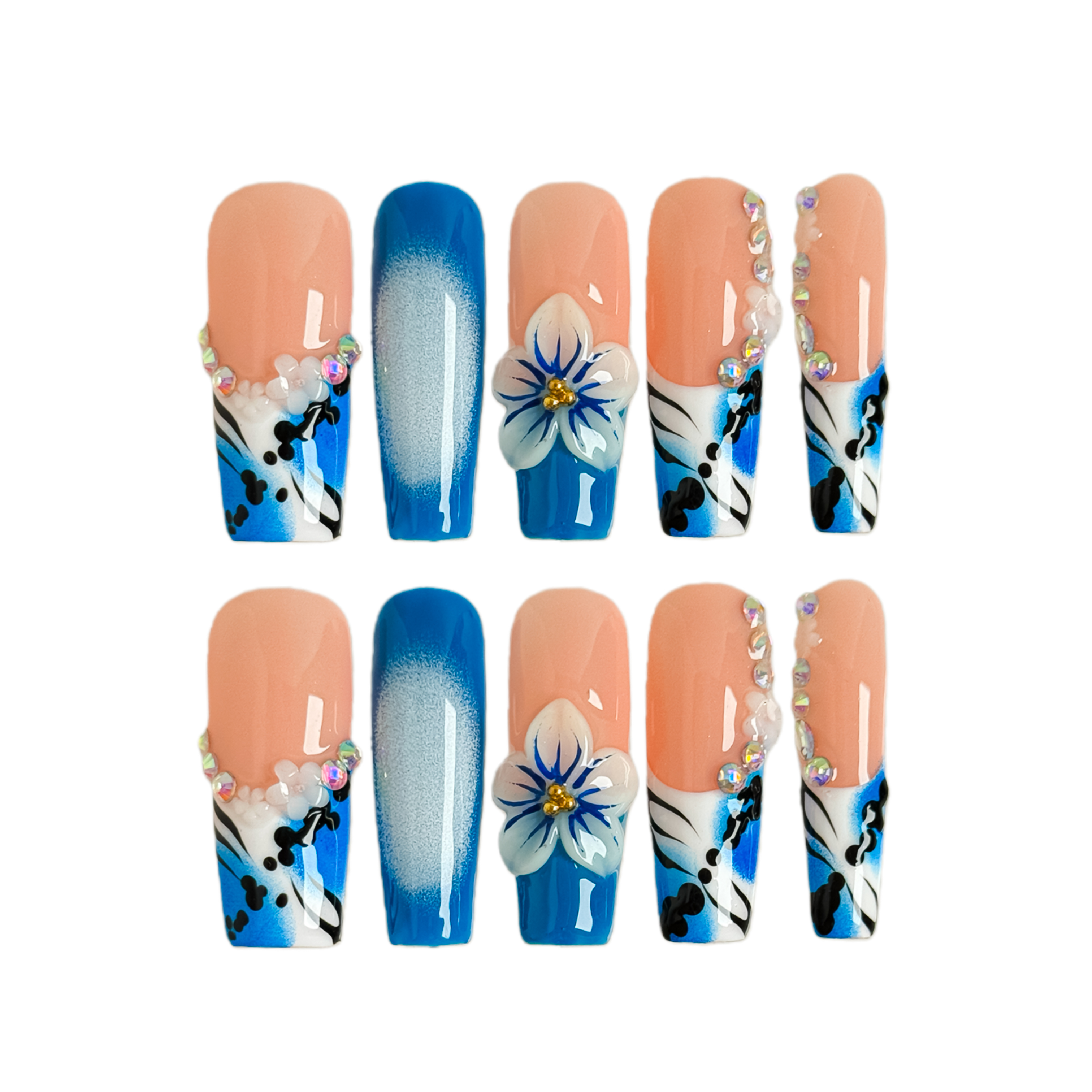 Ocean Blue 3D Floral Rhinestone Press-On Nails – Long Square Shape