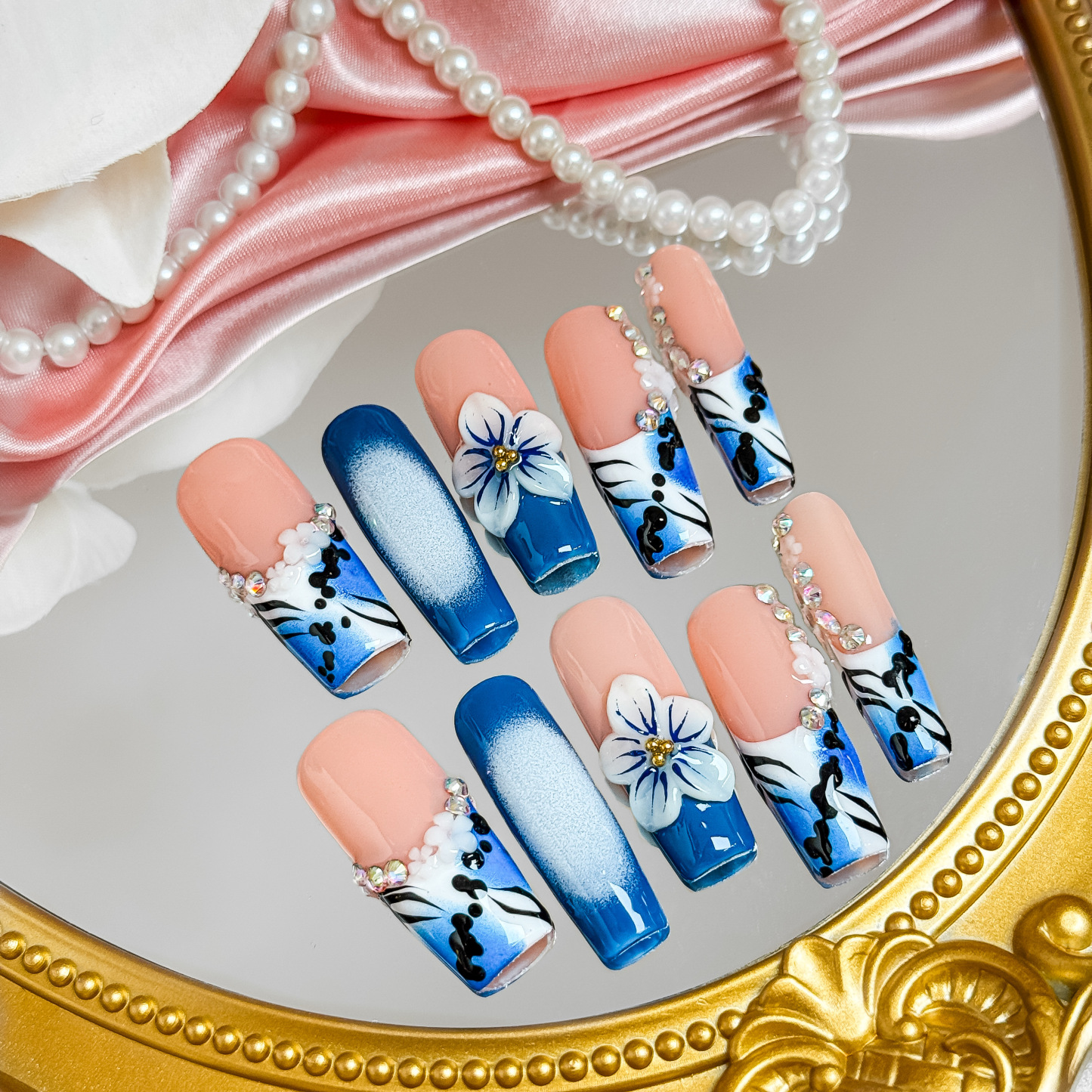 Ocean Blue 3D Floral Rhinestone Press-On Nails – Long Square Shape