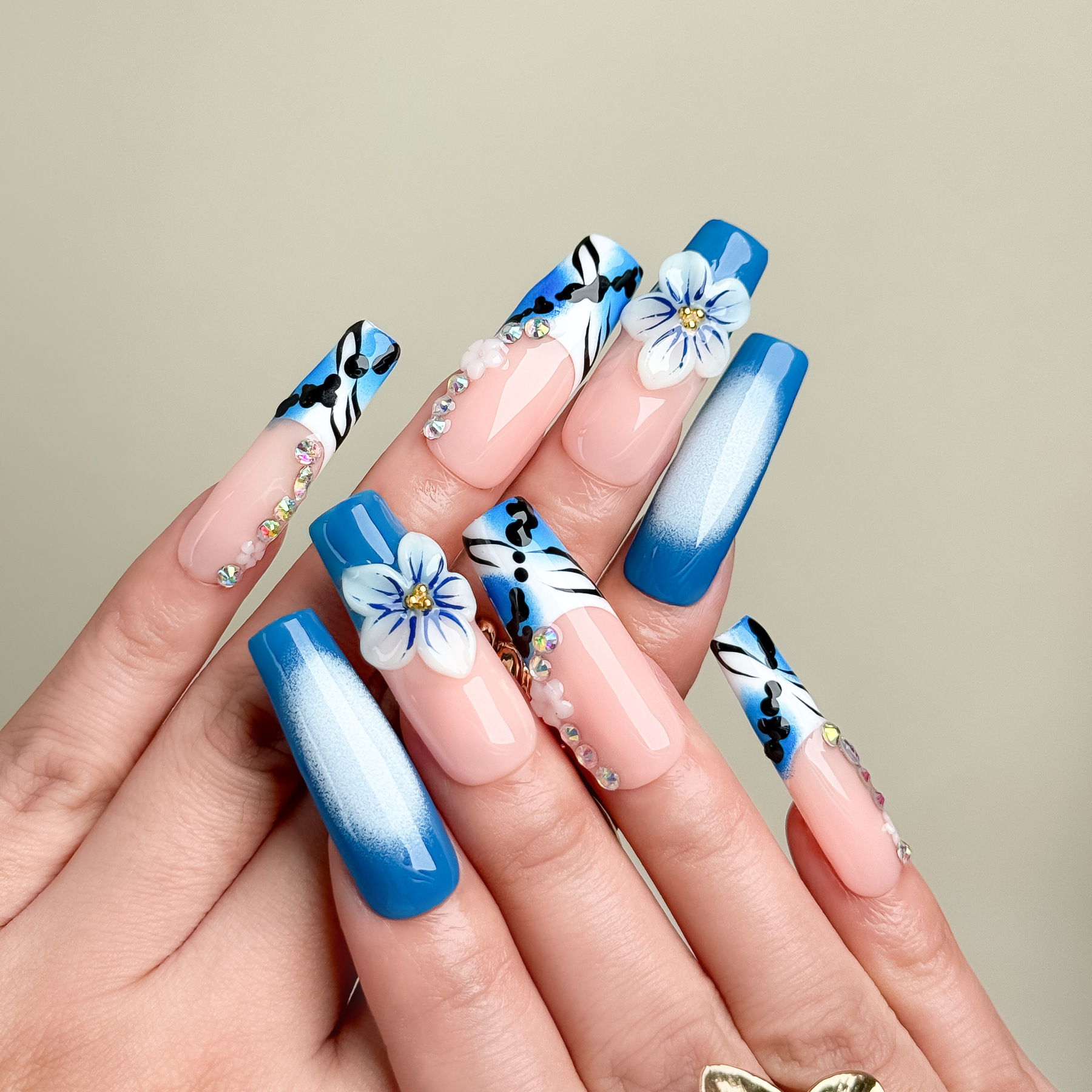 Ocean Blue 3D Floral Rhinestone Press-On Nails – Long Square Shape