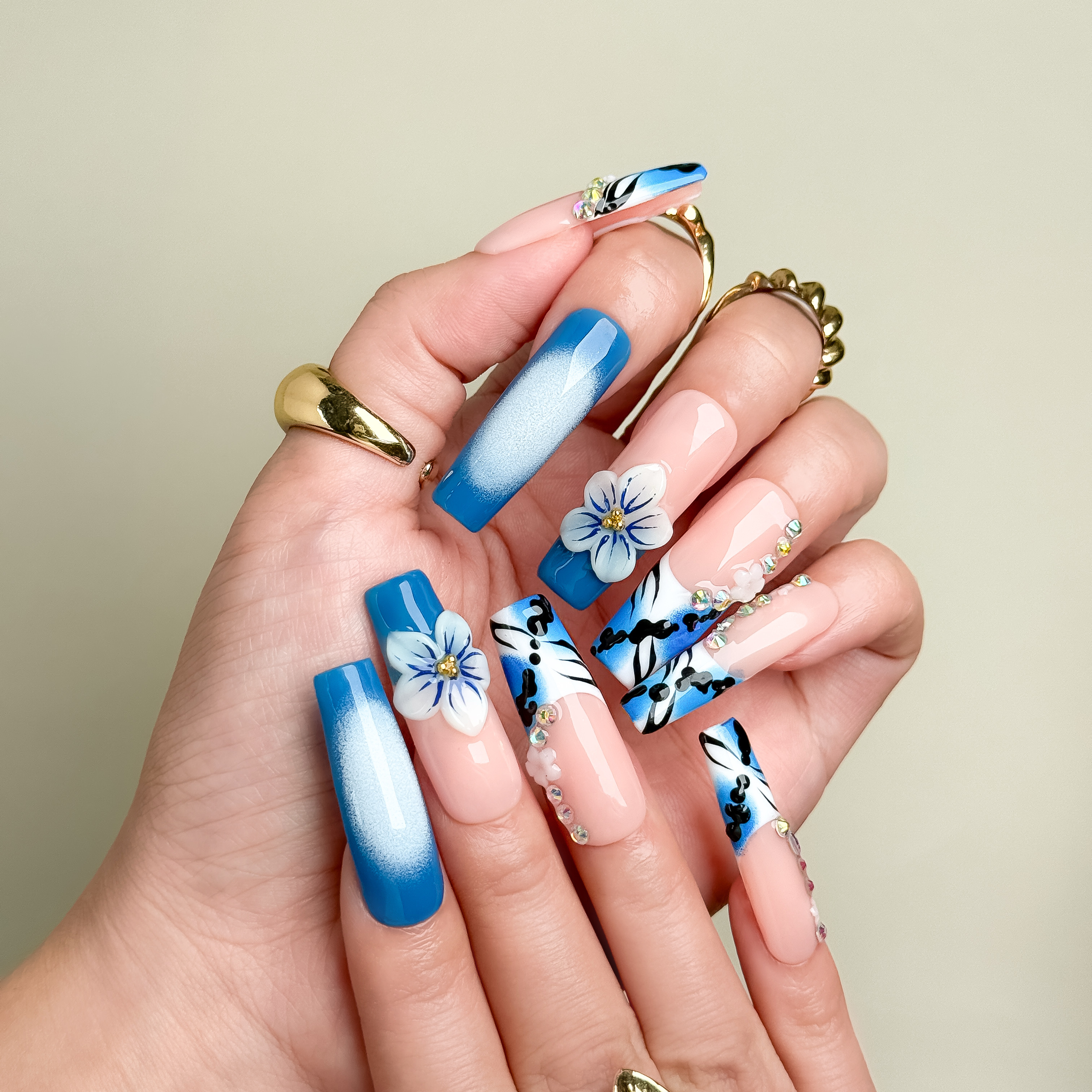 Ocean Blue 3D Floral Rhinestone Press-On Nails – Long Square Shape