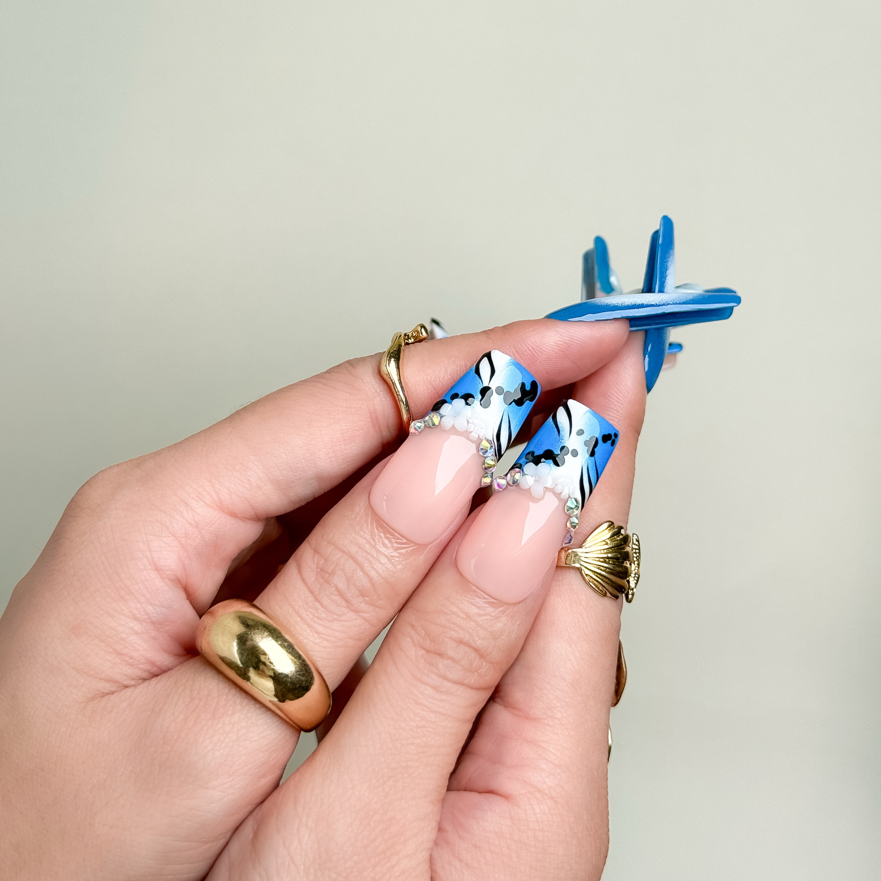 Ocean Blue 3D Floral Rhinestone Press-On Nails – Long Square Shape