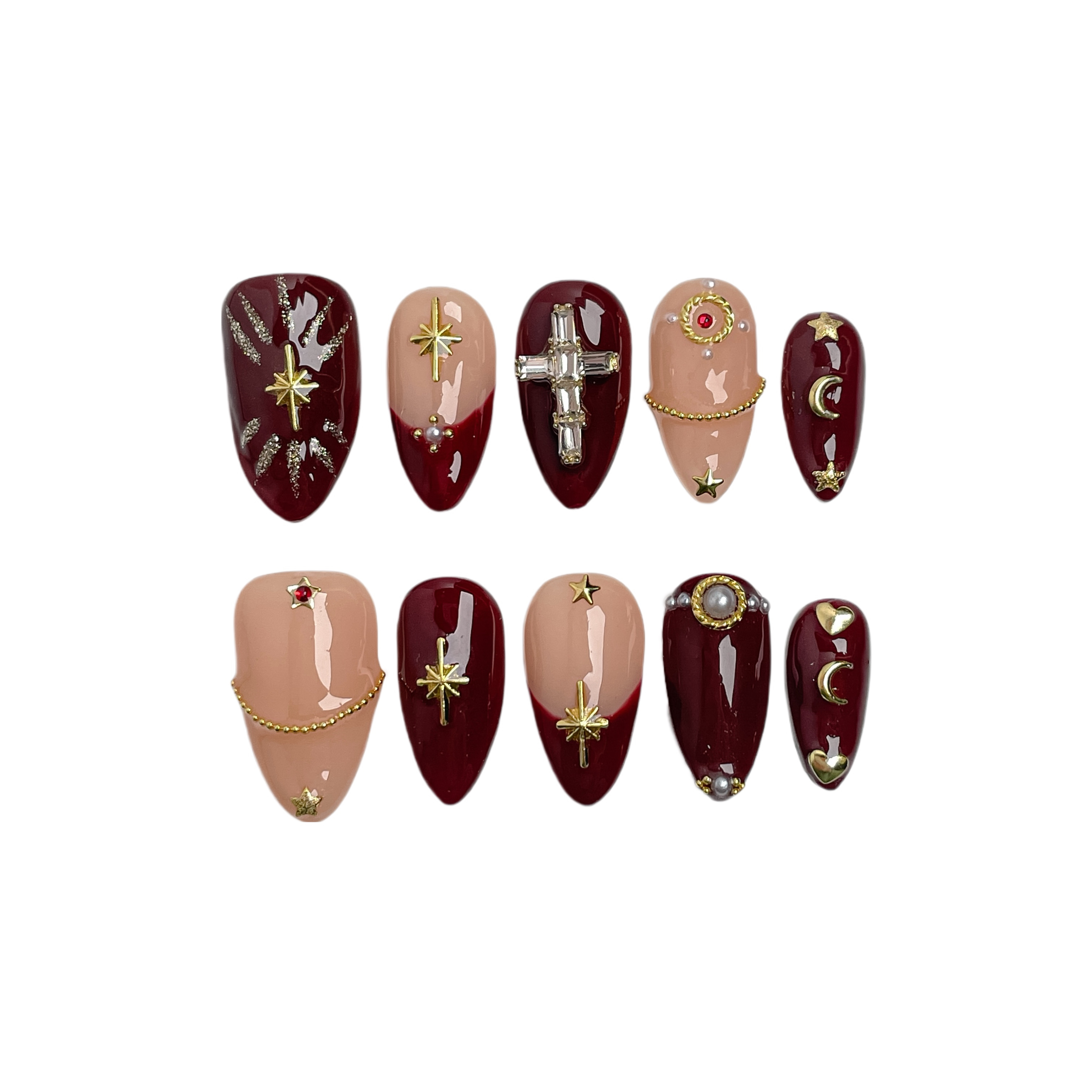Handmade Press-On Nails – Nailfairy Maroon Nude Style with Star Cross Charms – Elegant Red Queen-Inspired Design – Reusable with Free Application Kit Included