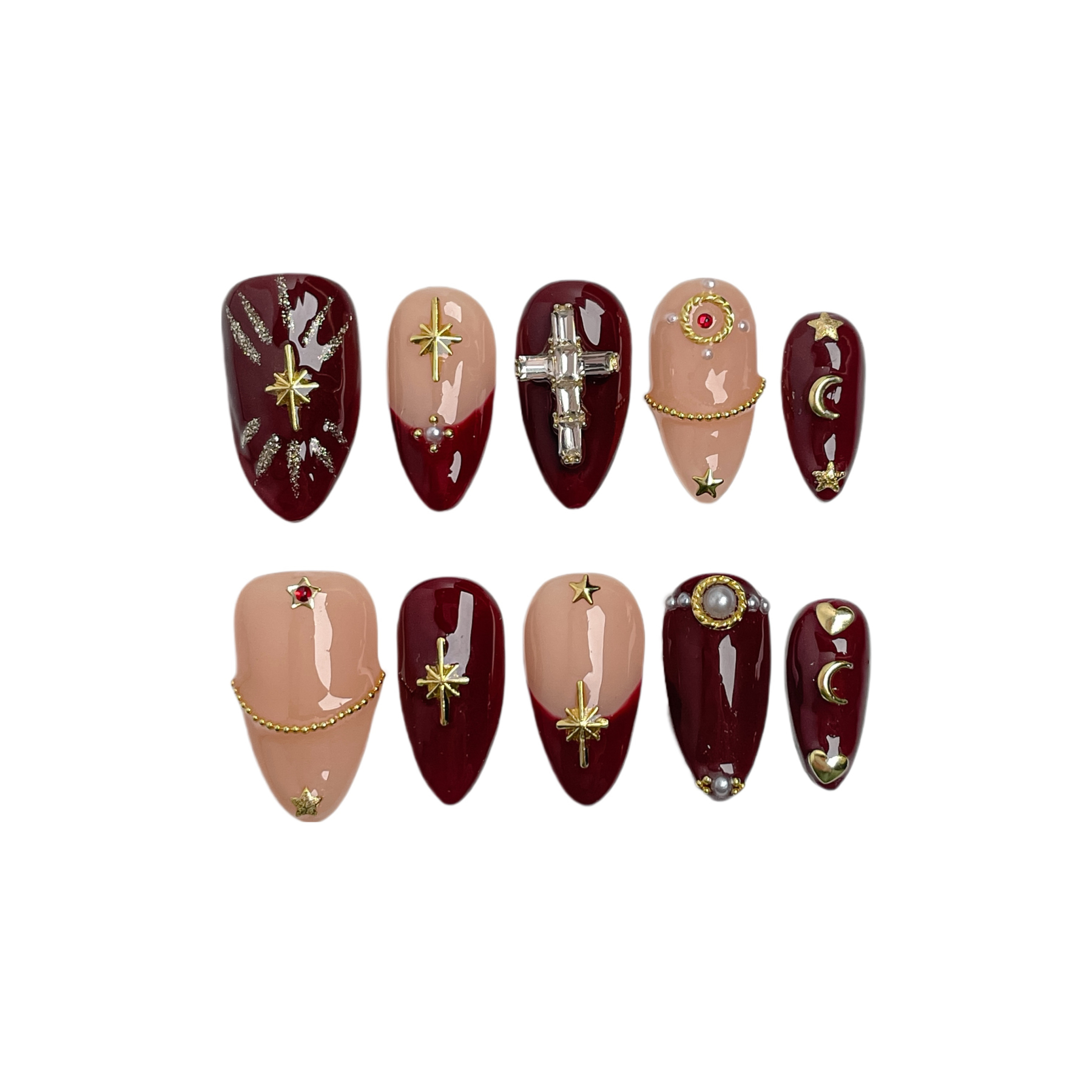 Handmade Press-On Nails – Nailfairy Maroon Nude Style with Star Cross Charms – Elegant Red Queen-Inspired Design – Reusable with Free Application Kit Included