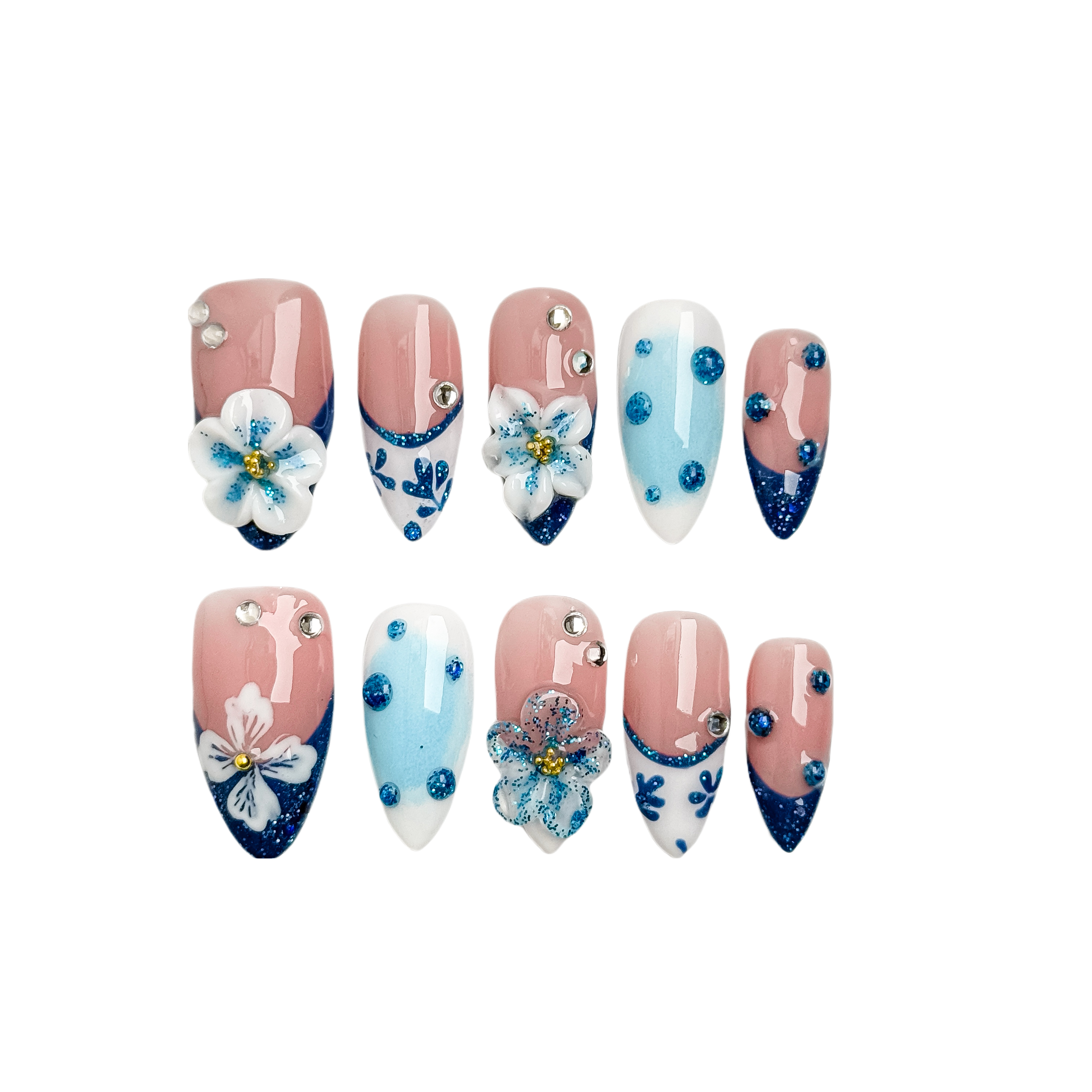 Handmade Press-On Nails – Nailfairy Fresh Blue & White Almond Shape – Custom-Made, Reusable with Free Application Kit Included