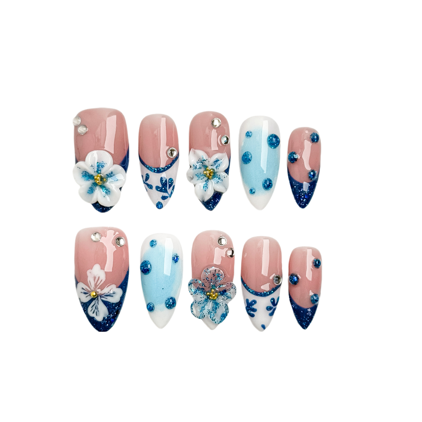 Handmade Press-On Nails – Nailfairy Fresh Blue & White Almond Shape – Custom-Made, Reusable with Free Application Kit Included
