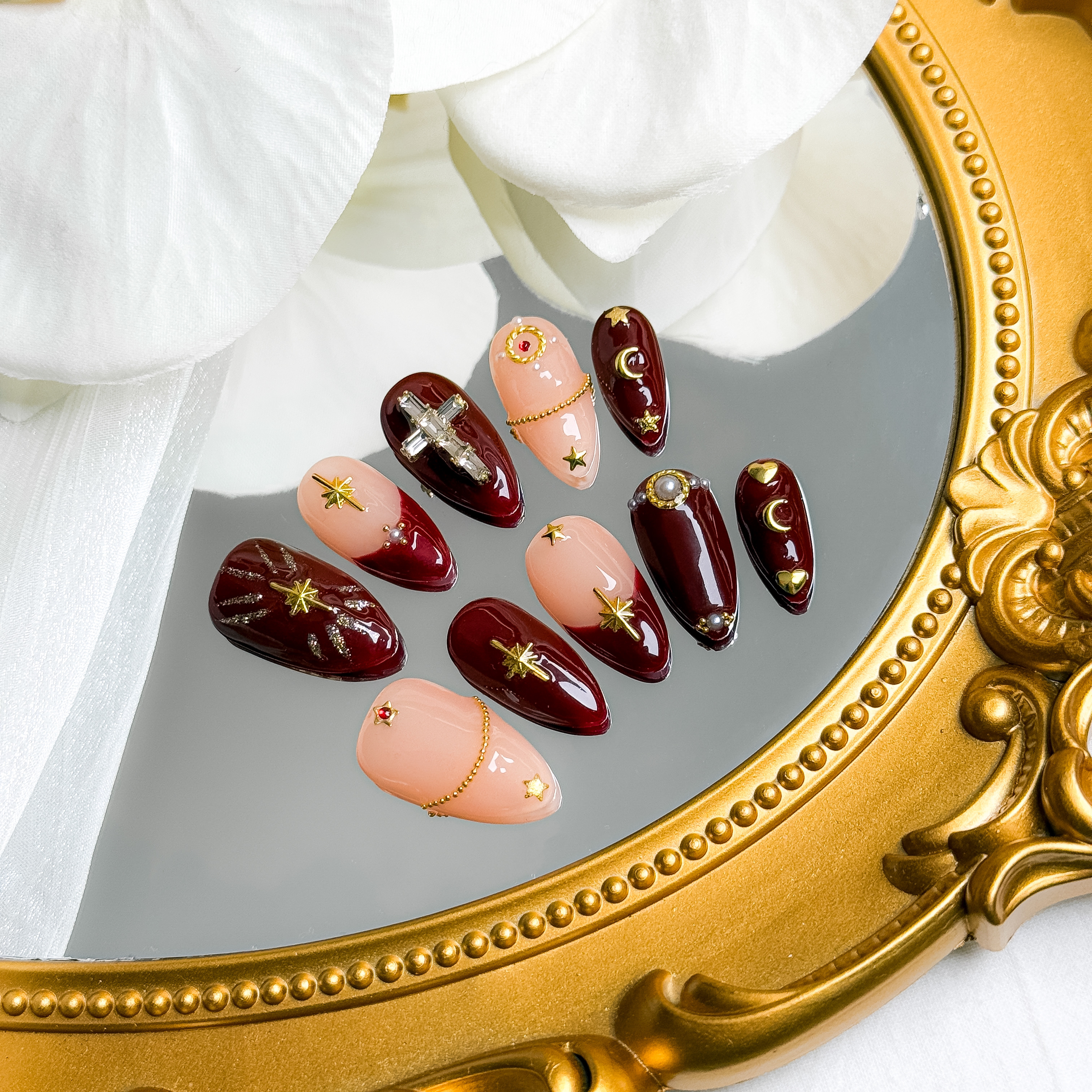 Handmade Press-On Nails – Nailfairy Maroon Nude Style with Star Cross Charms – Elegant Red Queen-Inspired Design – Reusable with Free Application Kit Included